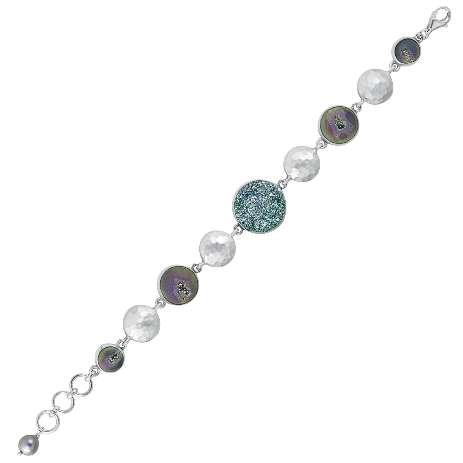 Sterling Silver Bracelet With Druzy Round, Hammered Round Coponent
