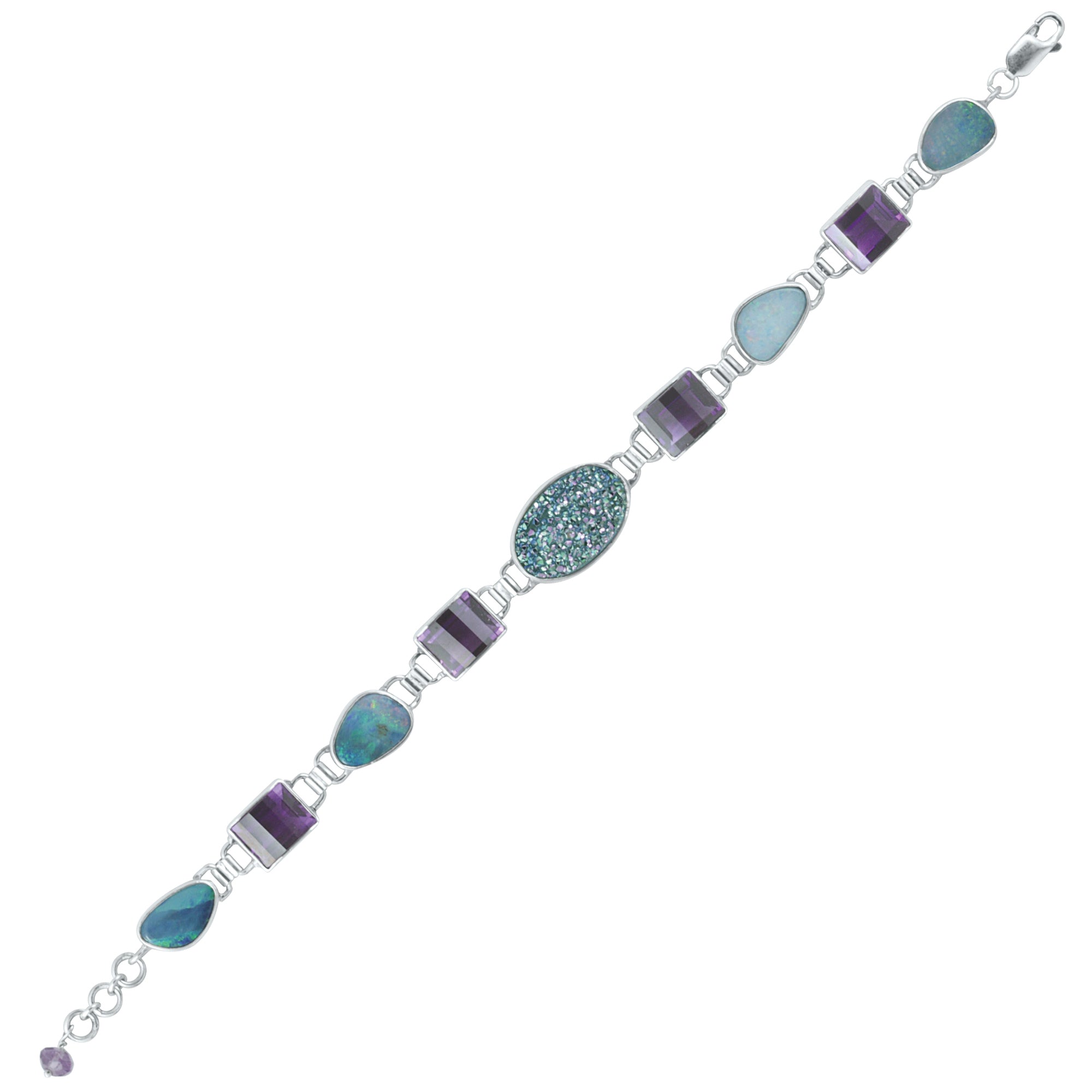 Sterling Silver Bracelet With Druzy Easy Green, Amethyst REctangle Step Cut, Opal Free Form