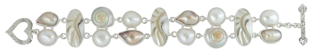 Sterling Silver Bracelet With  Pearls, Nautilas Oval Connect By Chain