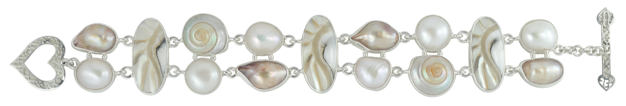 Sterling Silver Bracelet With  Pearls, Nautilas Oval Connect By Chain