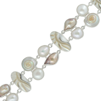Sterling Silver Bracelet With  Pearls, Nautilas Oval Connect By Chain