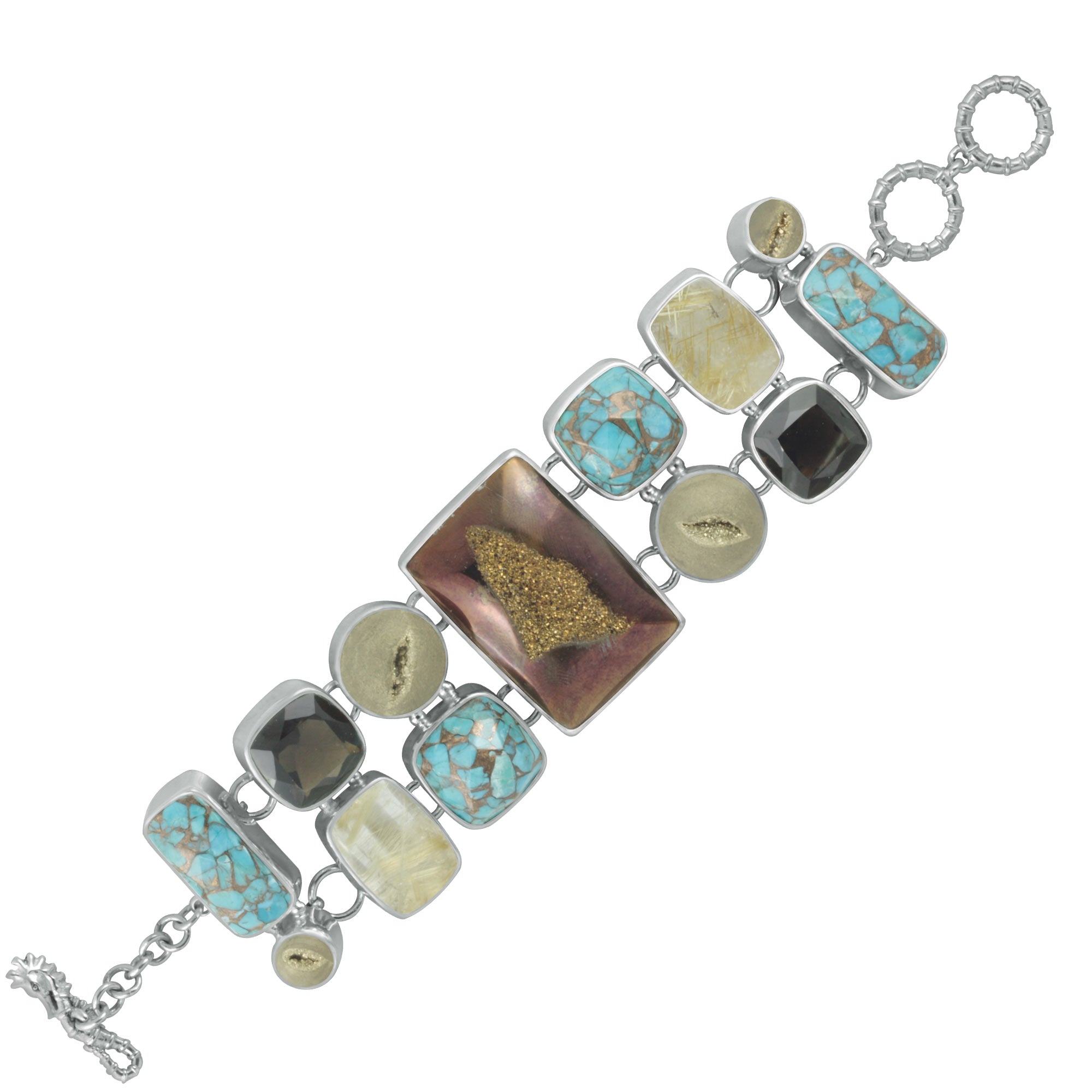 Sterling Silver Bracelet With Druzy, Smokey Quartz Square Facet,  Turquoise Mosaic, Rhutilated QuartQUARTZ