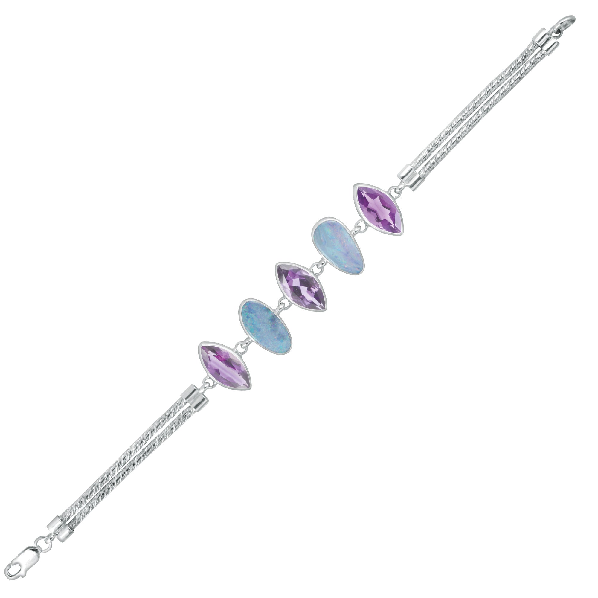 Sterling Silver Bracelet With Opal Free Form, Amethyst Marquise Facet
