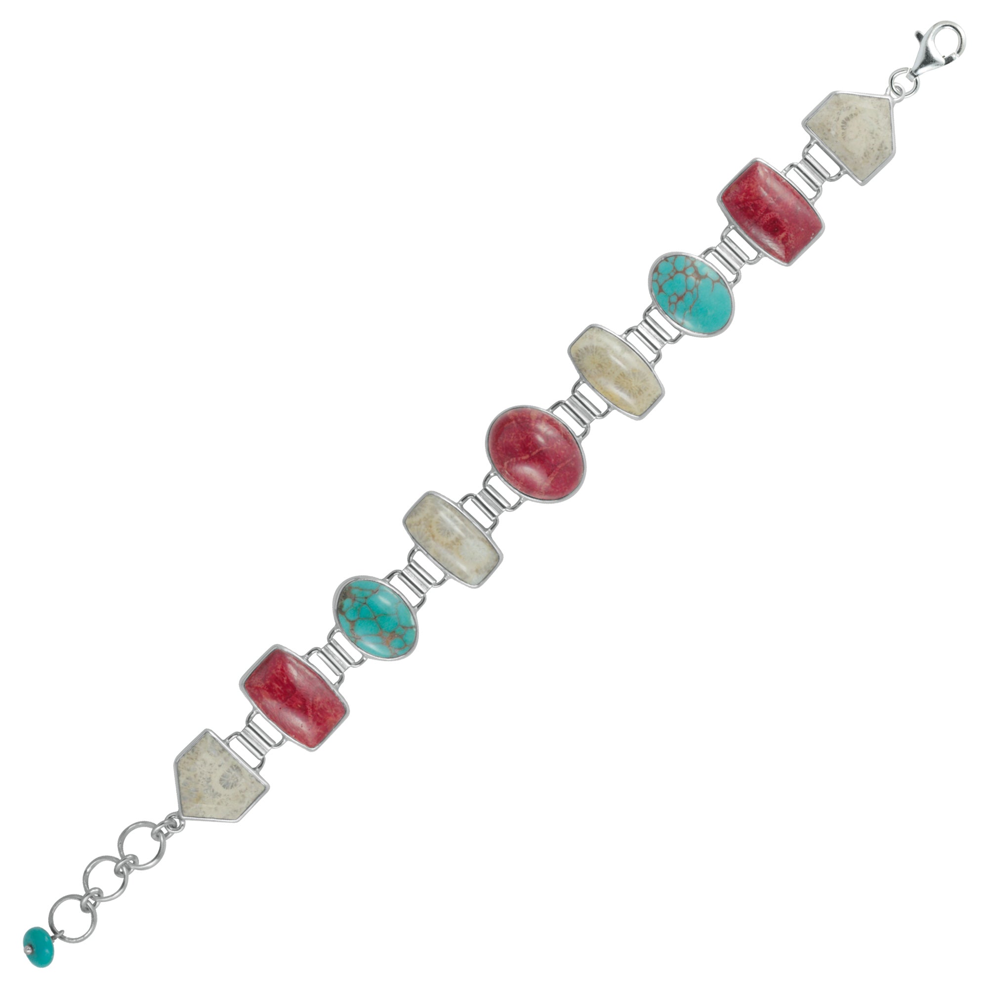 Sterling Silver Bracelet With Sponge Coral, Turquoise, Fossil Coral