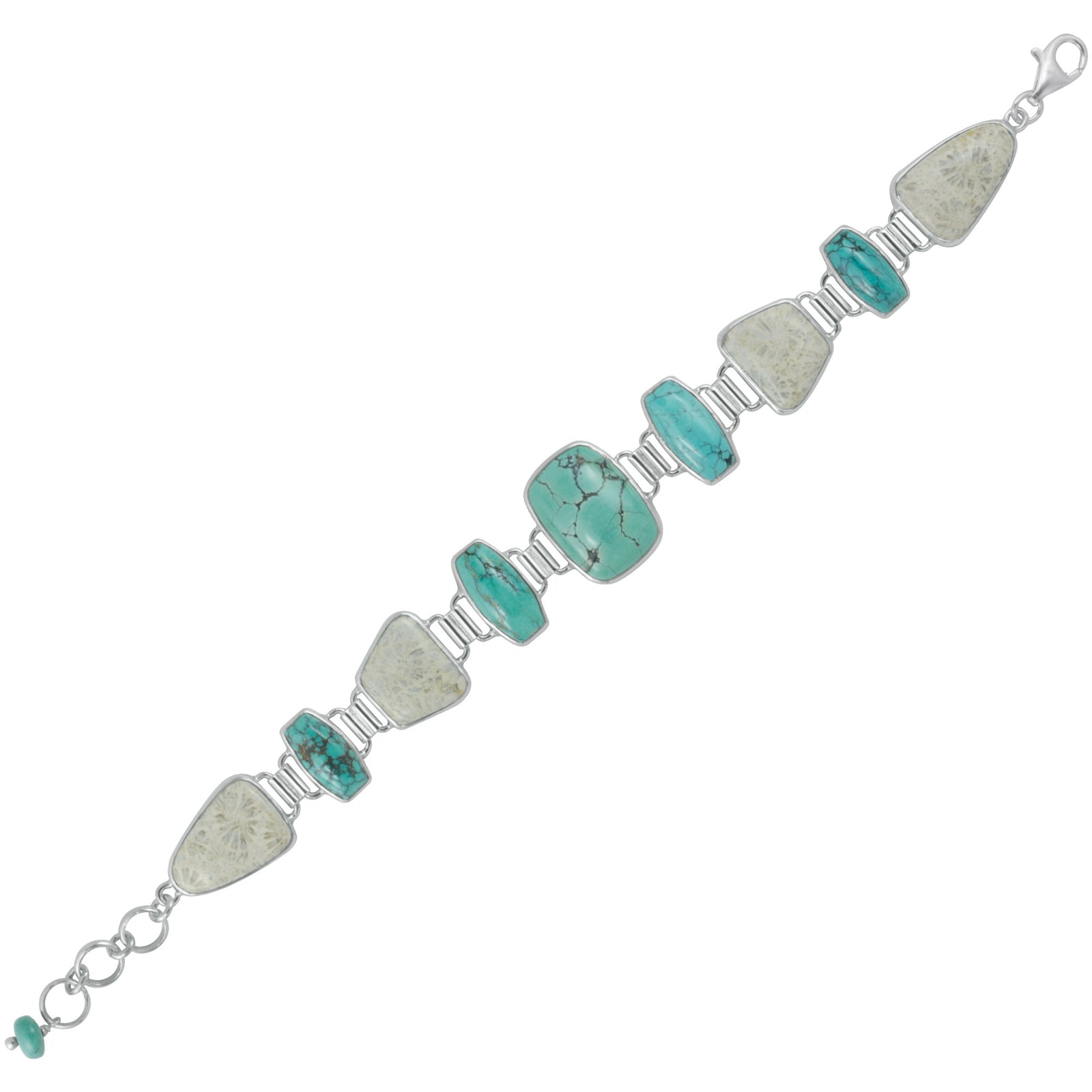 Sterling Silver Bracelet With Turquoise Rectangle, Fossil Coral