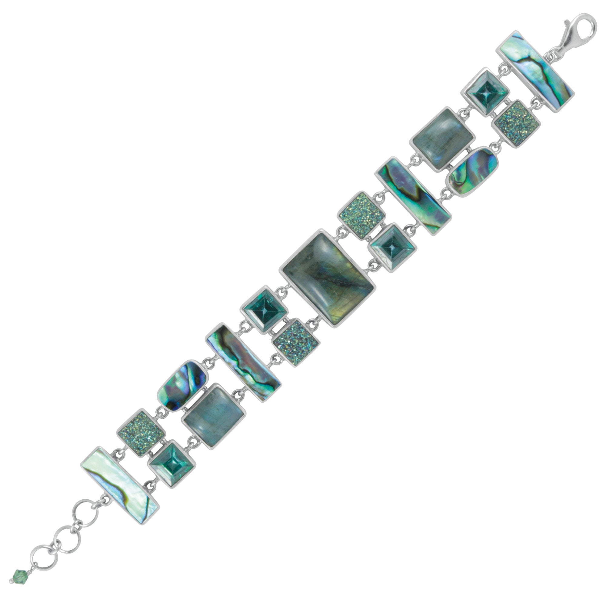 Sterling Silver Bracelet With Labradorite Rectangle, Druzy, Green Quart, Paua
