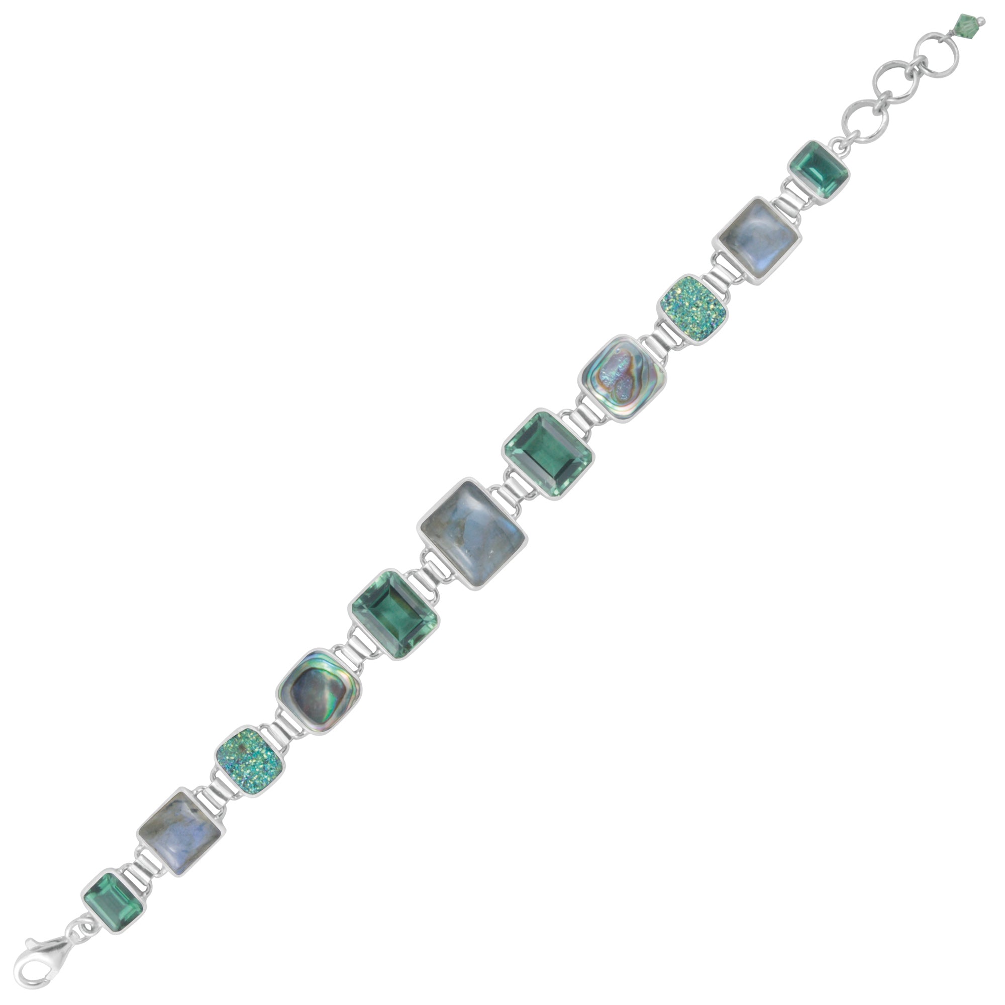 Sterling Silver Bracelet With Labradoirte, Green Topaz Facet, Druzy Emerald Green Recktangle