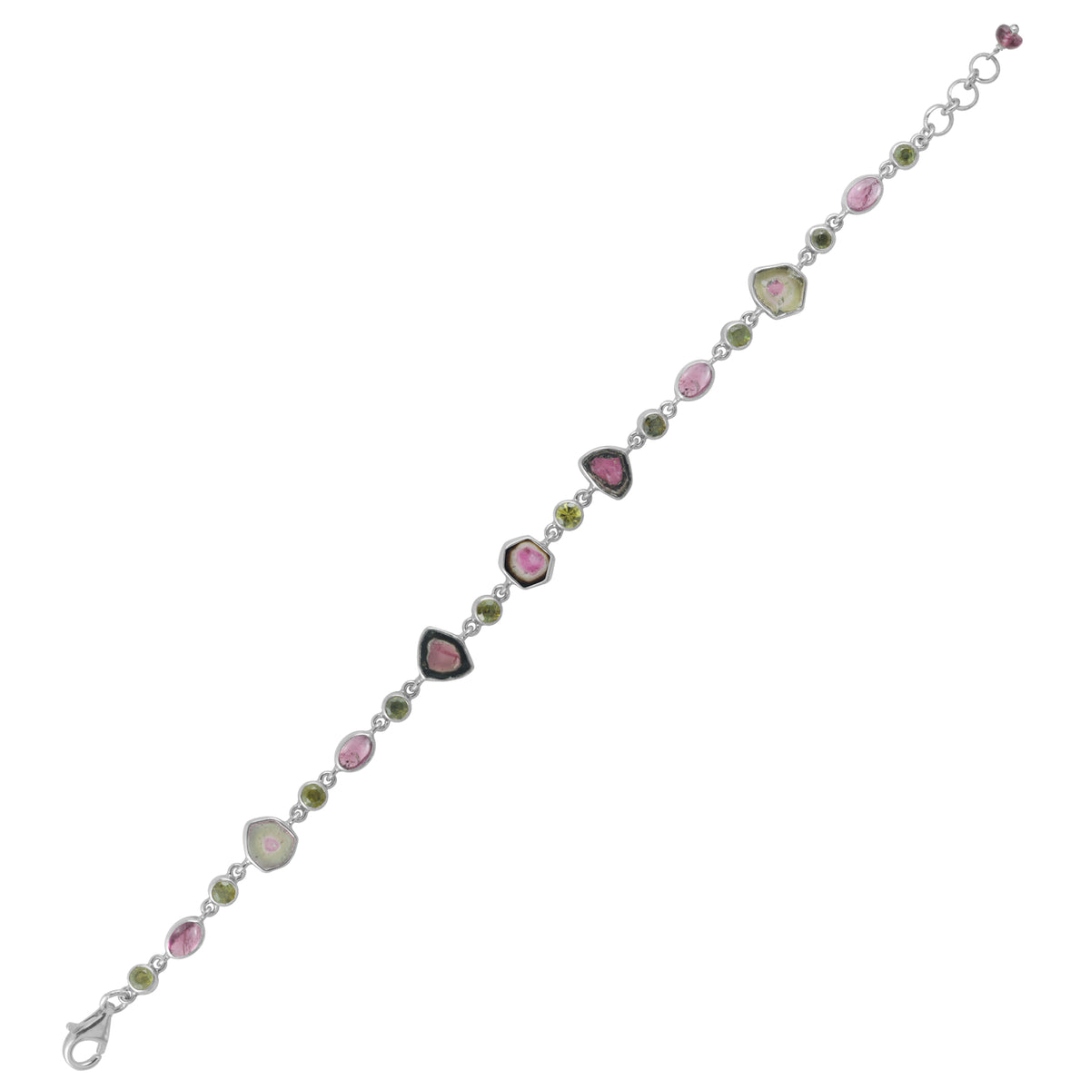 Sterling Silver Bracelet With Tourmaline Facet &amp; Cab, Waternelon Free Form