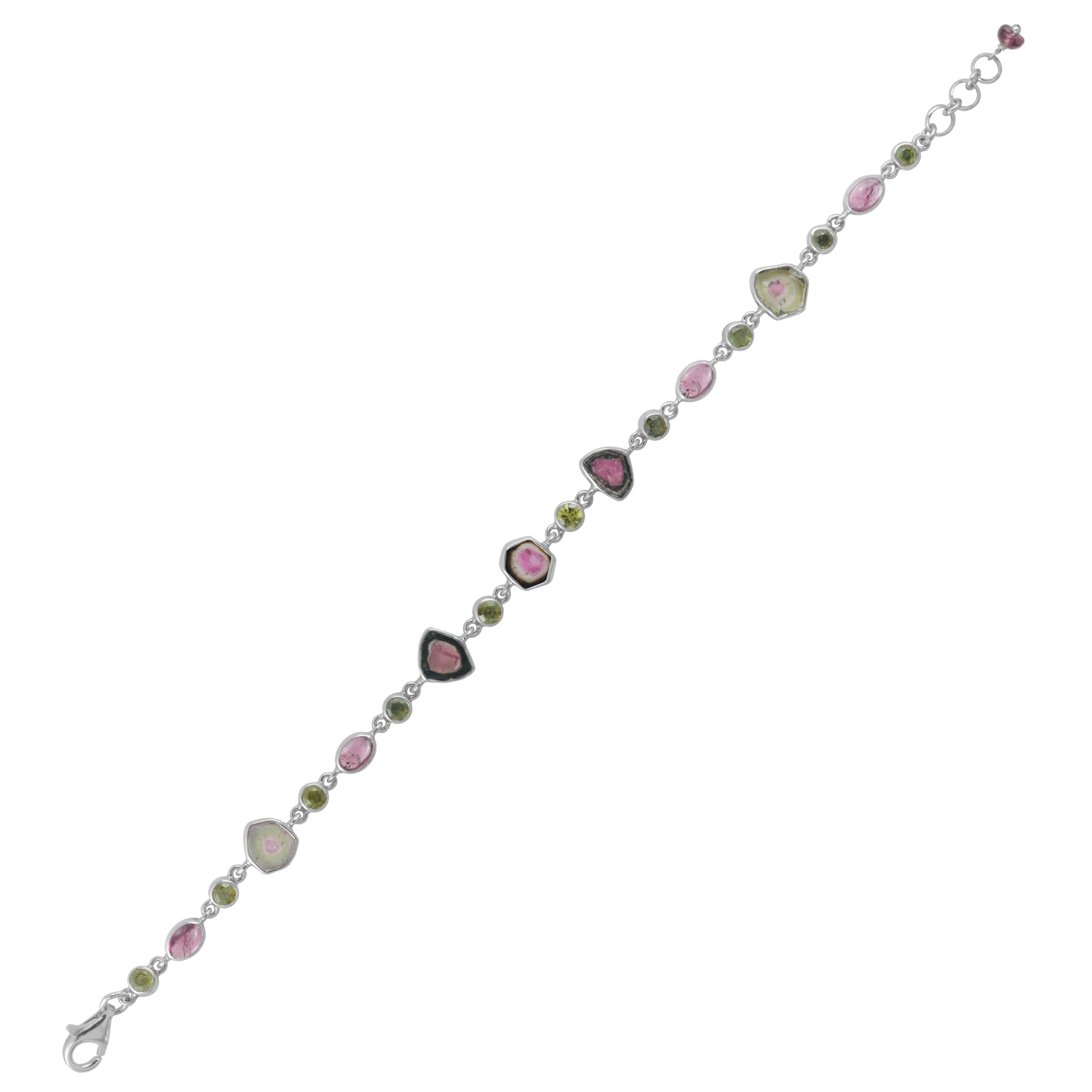 Sterling Silver Bracelet With Tourmaline Facet & Cab, Waternelon Free Form