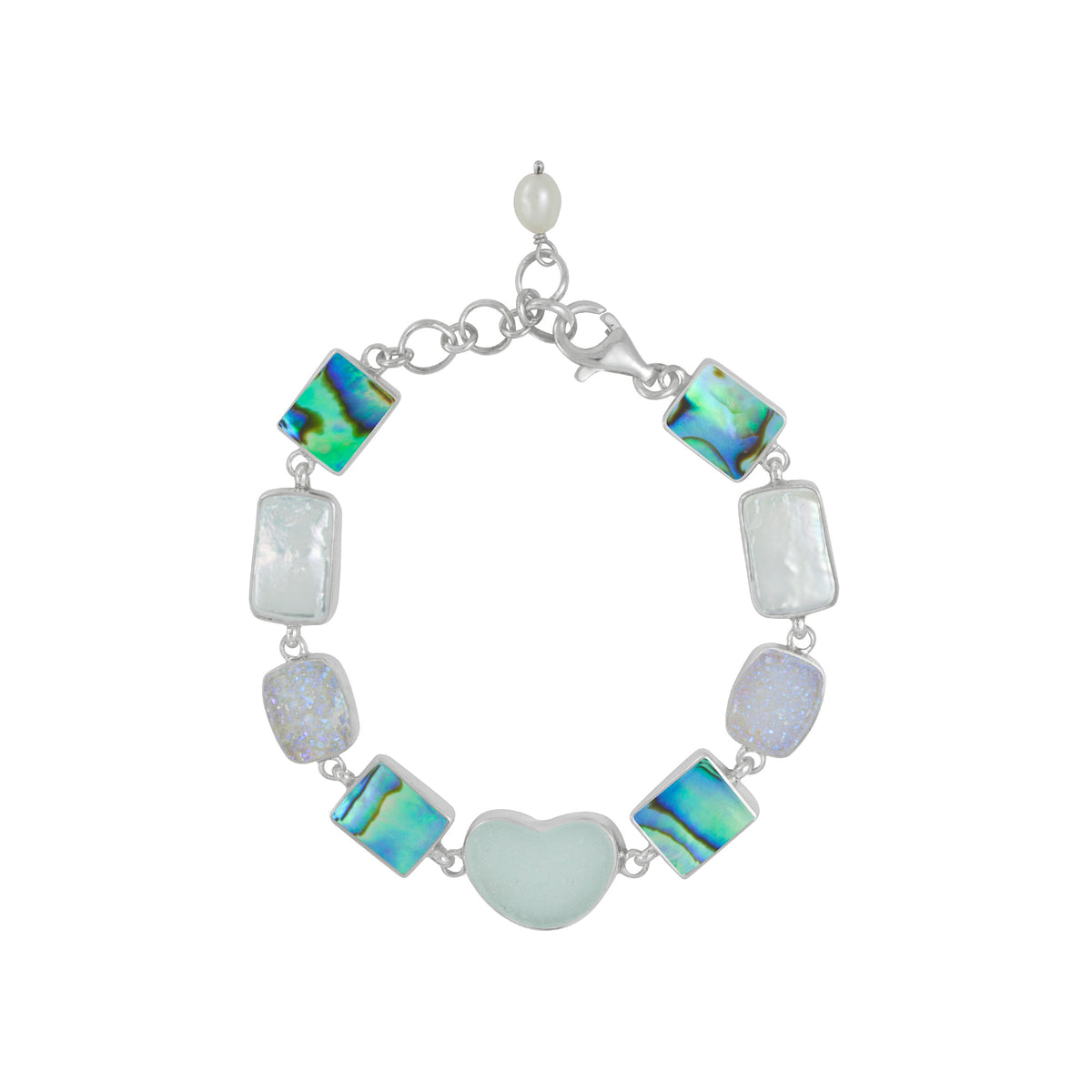 Gorgeous Sea Glass Heart bracelet  shimmering with Paua Shell and Druzy accents