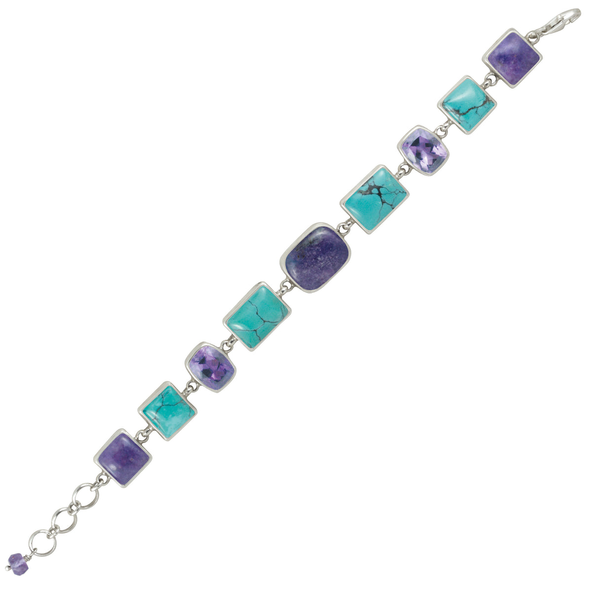 Sterling Silver Bracelet With Sugilate, Turquoise And Amethyst Rectangle