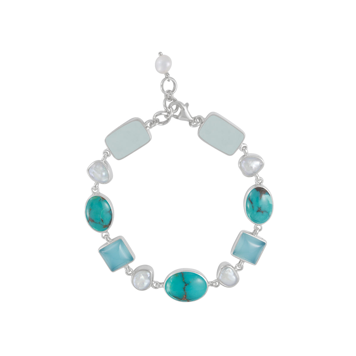 Sterling Silver Bracelet With Turqouise Oval, Pearl, Ocean Chalcidiny And Sea Glass