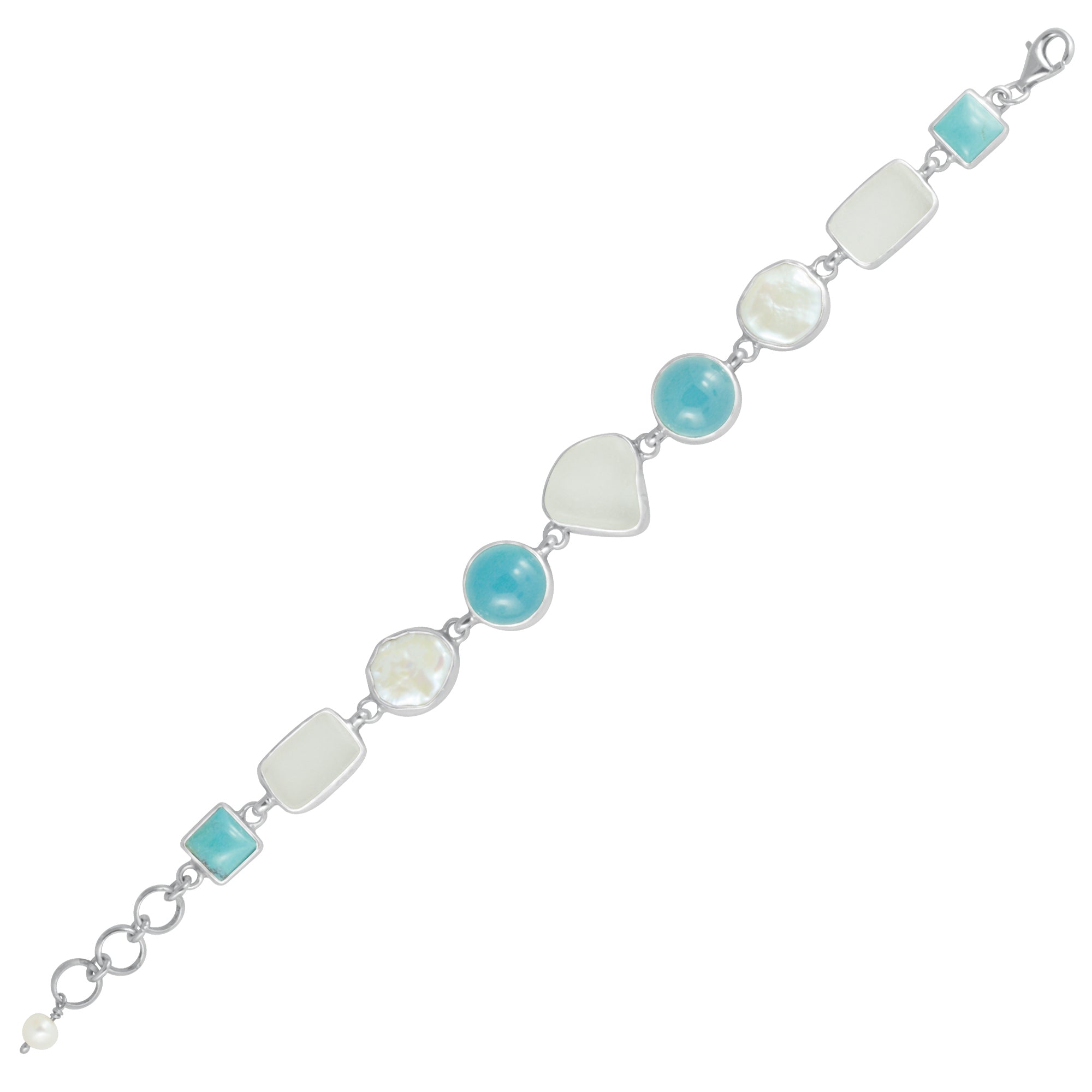 Sterling Silver Bracelet With Sea Glass White, Pearl, Turquoise Square, Ocean Chaldiny Round