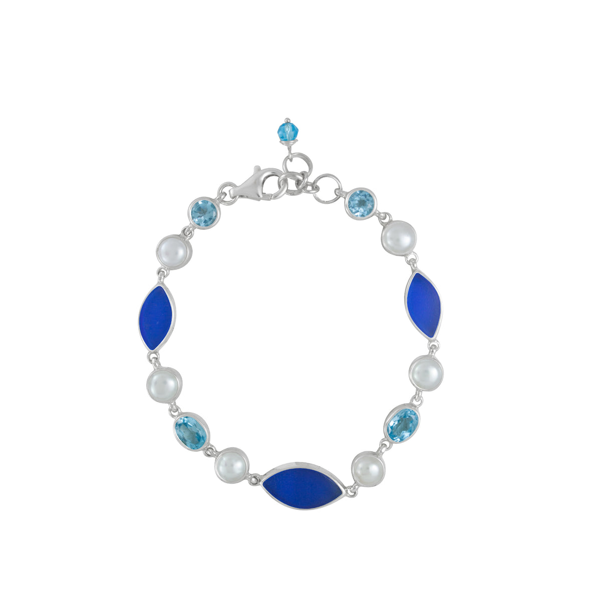 Transform your Style with our Sterling-Silver genuine Sea Glass , Blue Topaz and Pearl  Bracelet