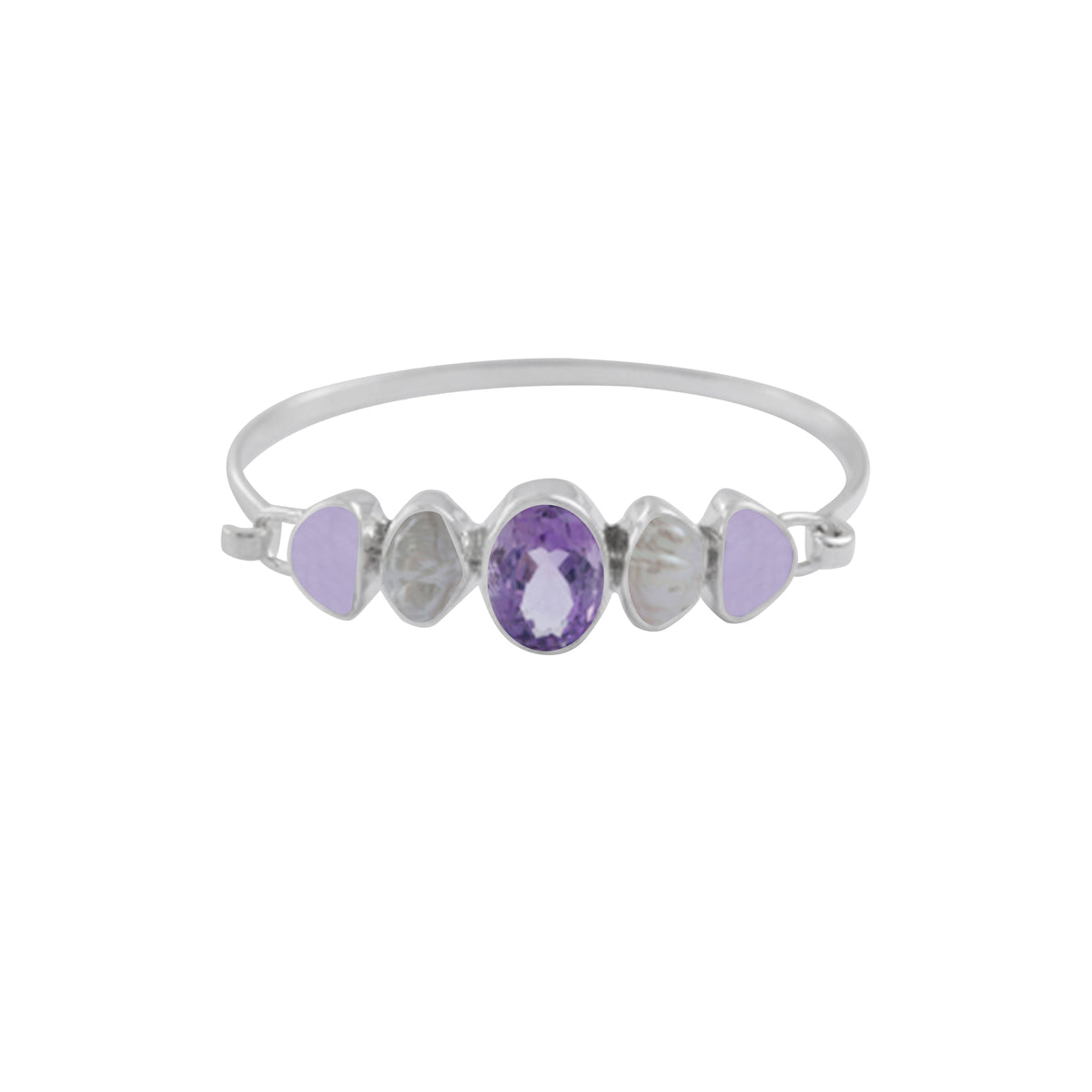 Sterling Silver Bracelet With Amethyst Oval, Sea Glass Lavender, Pearl