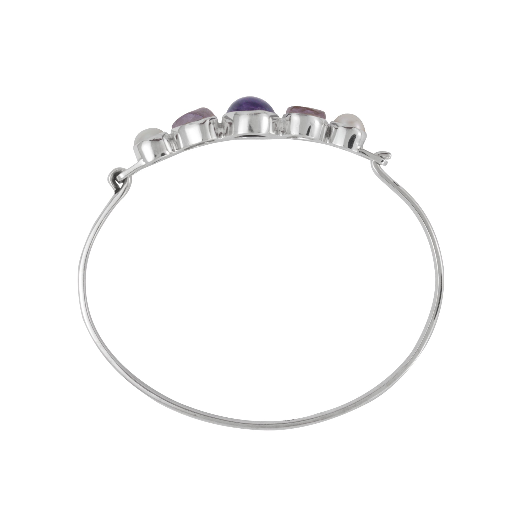 Sterling Siver Bracelet With Amethyst Oval Cabison, Sea Glass Lavender, Pearl Round