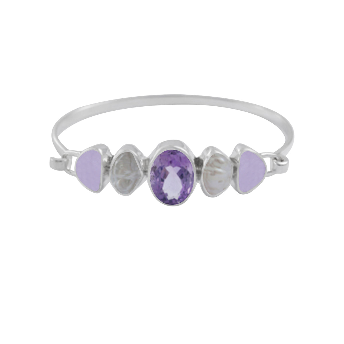 Sterling Silver Bracelet With Amethyst Oval, Sea Glass Lavender, Pearl