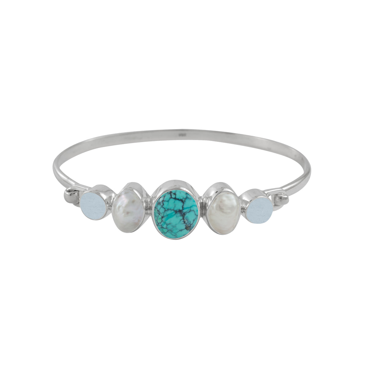 Sterling Silver Bracelet With Turquoise Oval, Pearl Keishi, Sea Glass Aqua