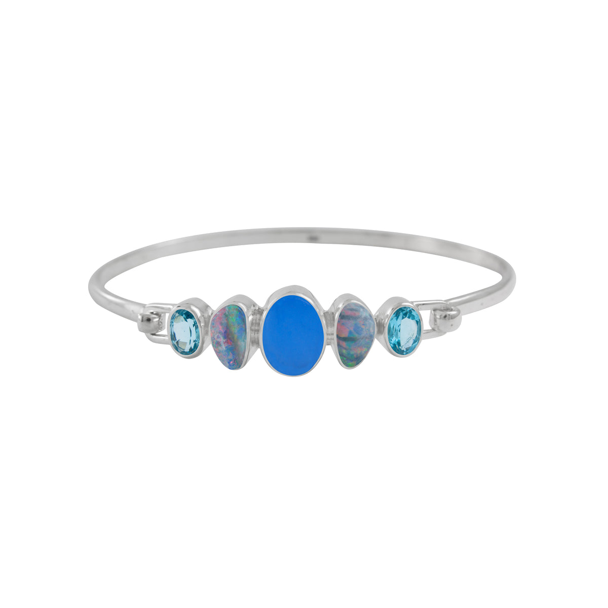 Sterling Silver Bracelet With Sea Glass Blue, Opal Free Form, Blue Topaz Oval Facet