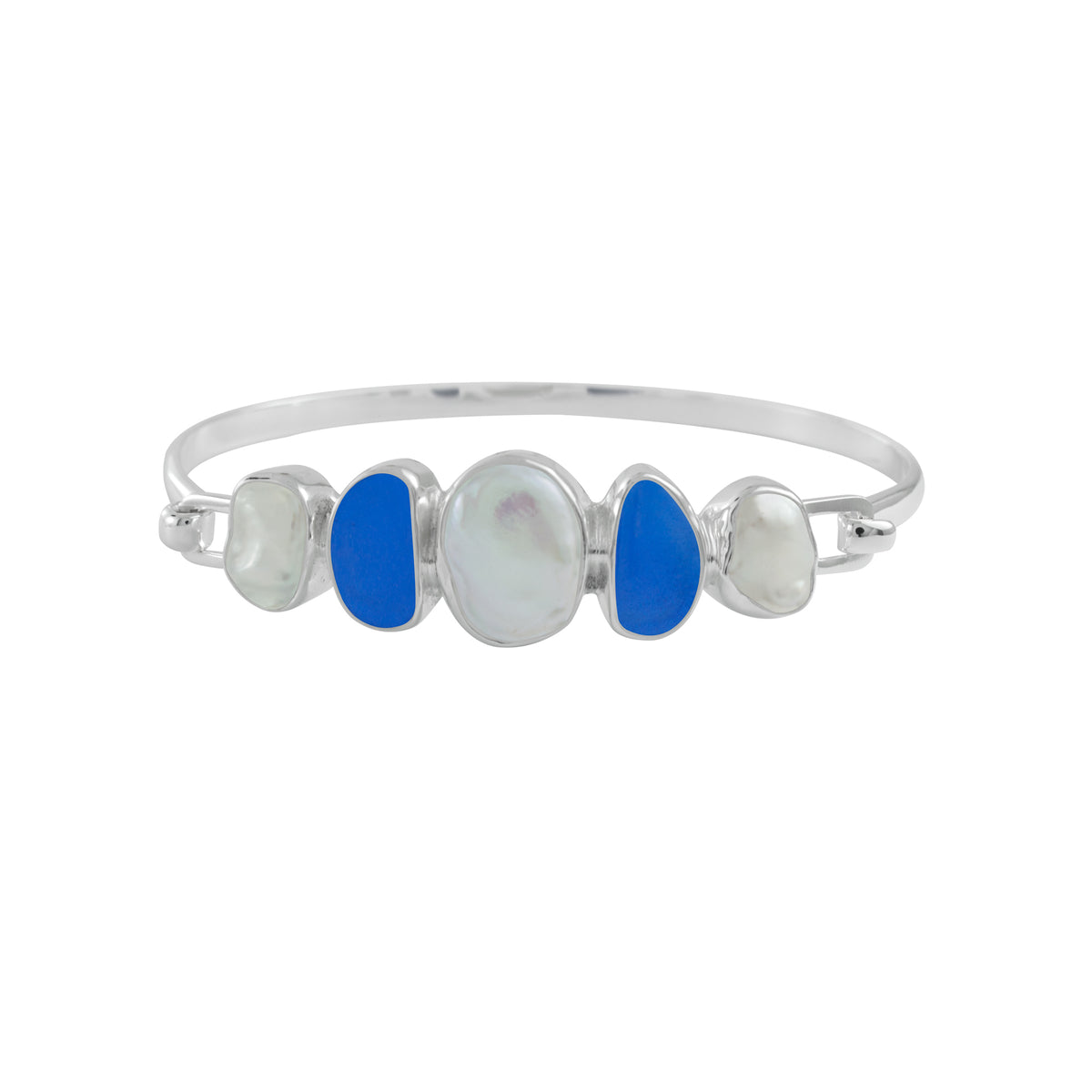 Fabulous Cobolt Blue Sea Glass, P &amp; Pearl Bracelet Bangle with Hook Closure.