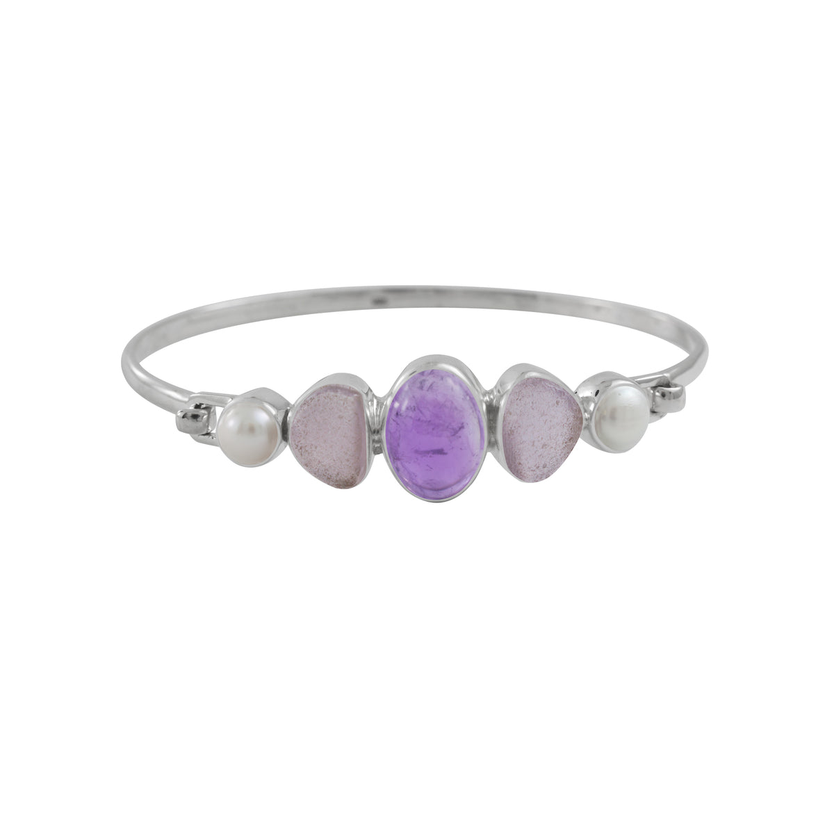 Sterling Siver Bracelet With Amethyst Oval Cabison, Sea Glass Lavender, Pearl Round