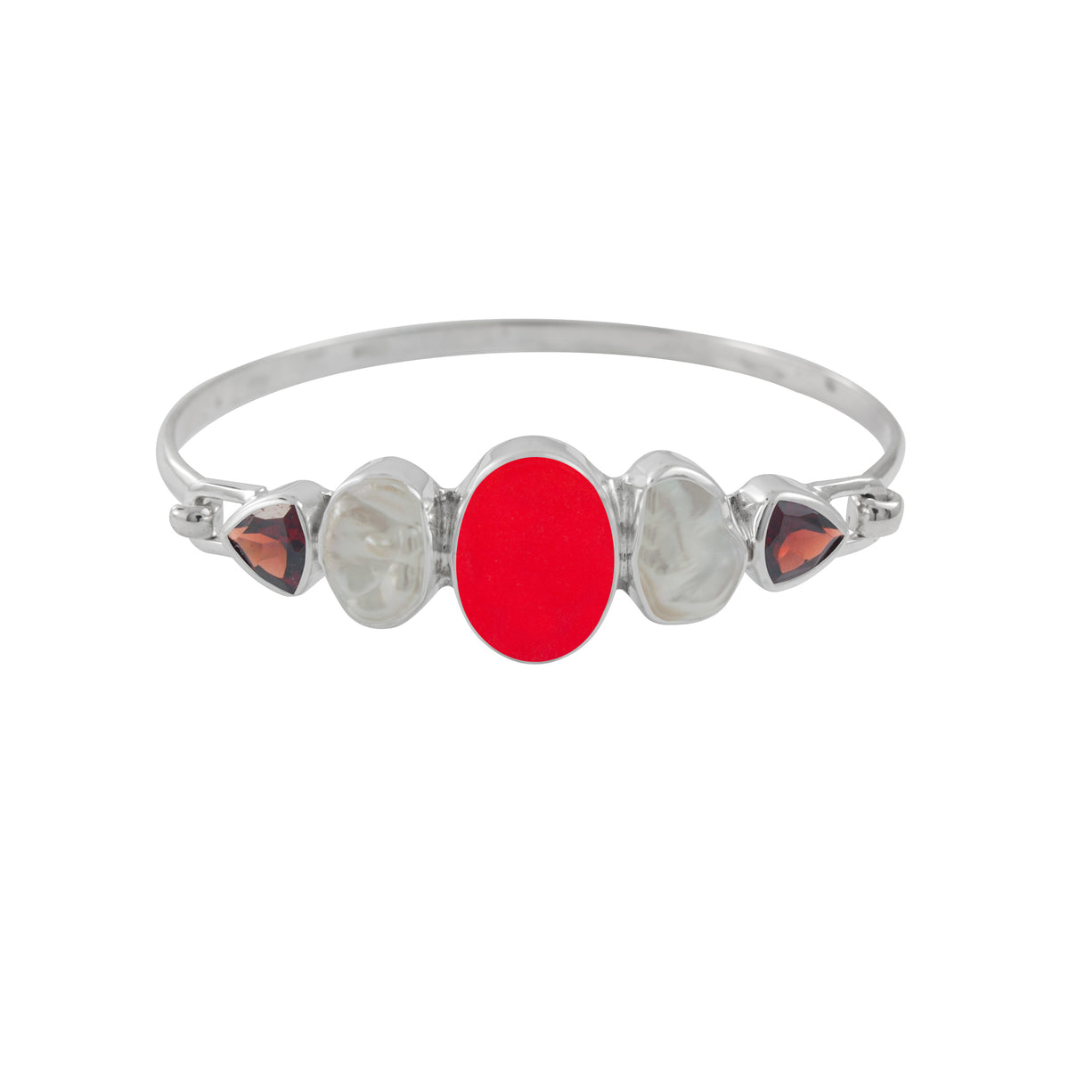 Sterling Silver Bracelet With Sea Glass Red, Pearl Keishi, Garnet Tri Angle Facet