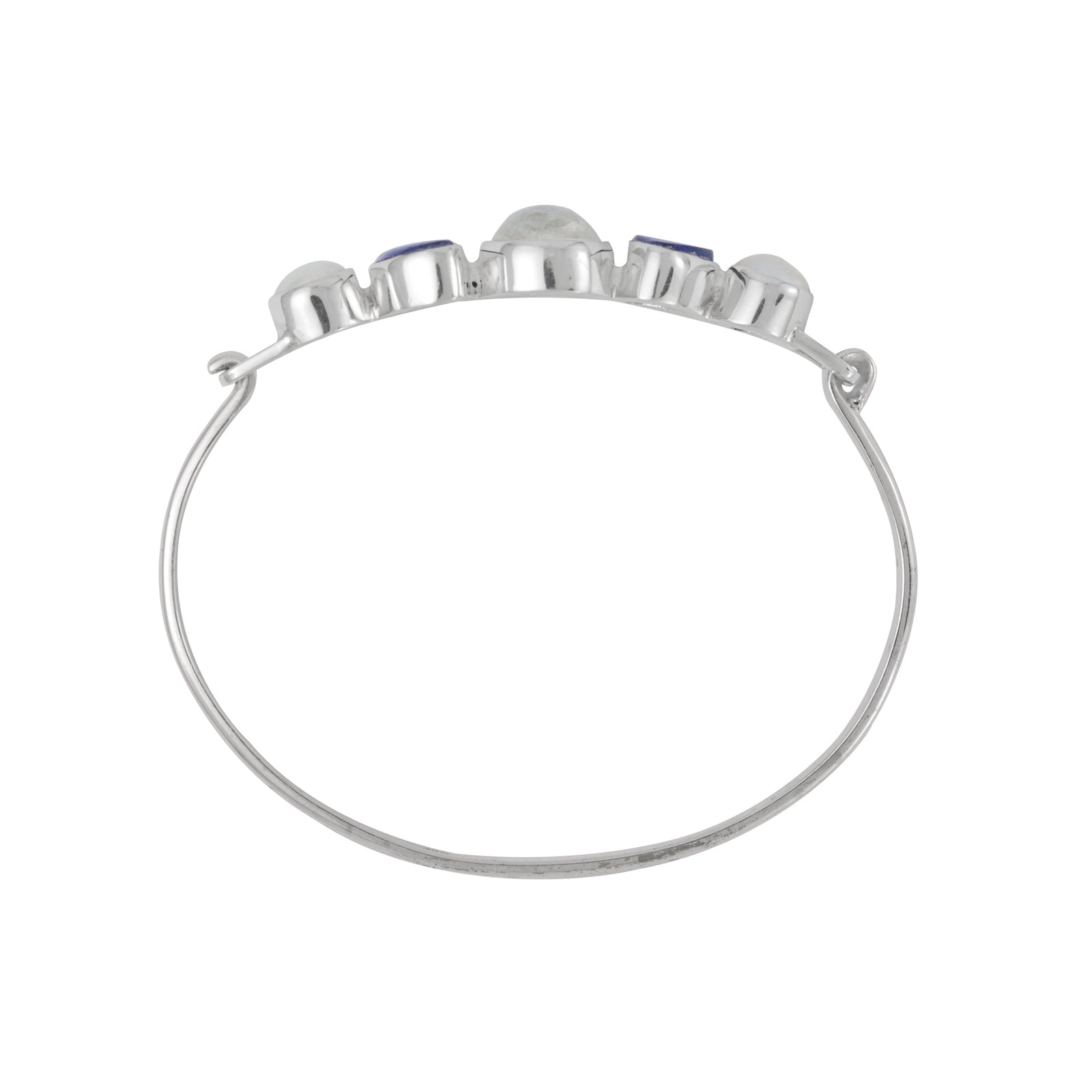 Sterling Silver Bracelet With Rainbowmoon Oval Cabison, Se Glass Blue, Pearl Round