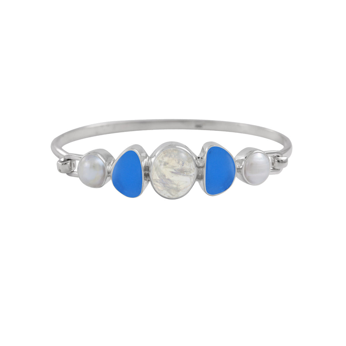 Sterling Silver Bracelet With Rainbowmoon Oval Cabison, Se Glass Blue, Pearl Round