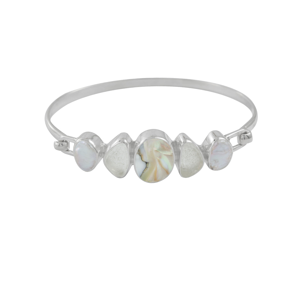 Sterling Silver Bracelet With Shell Nautilas Oval, Sea Glass White, Pearl Keishi