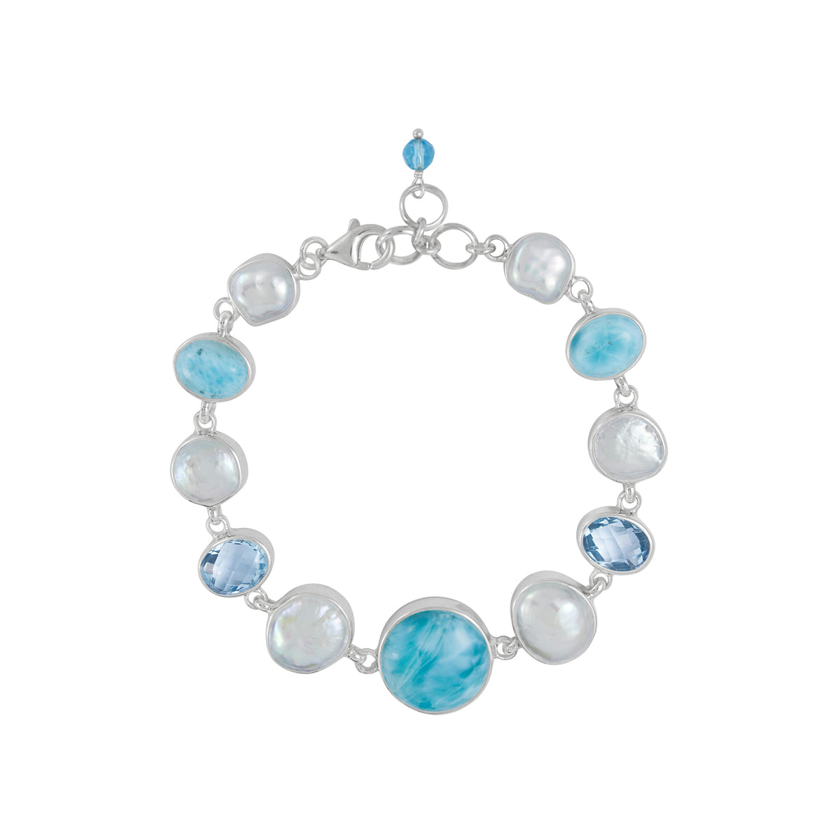Sterling Silver Bracelet With Larimar, Pearl, Blue Topaz Oval Brio