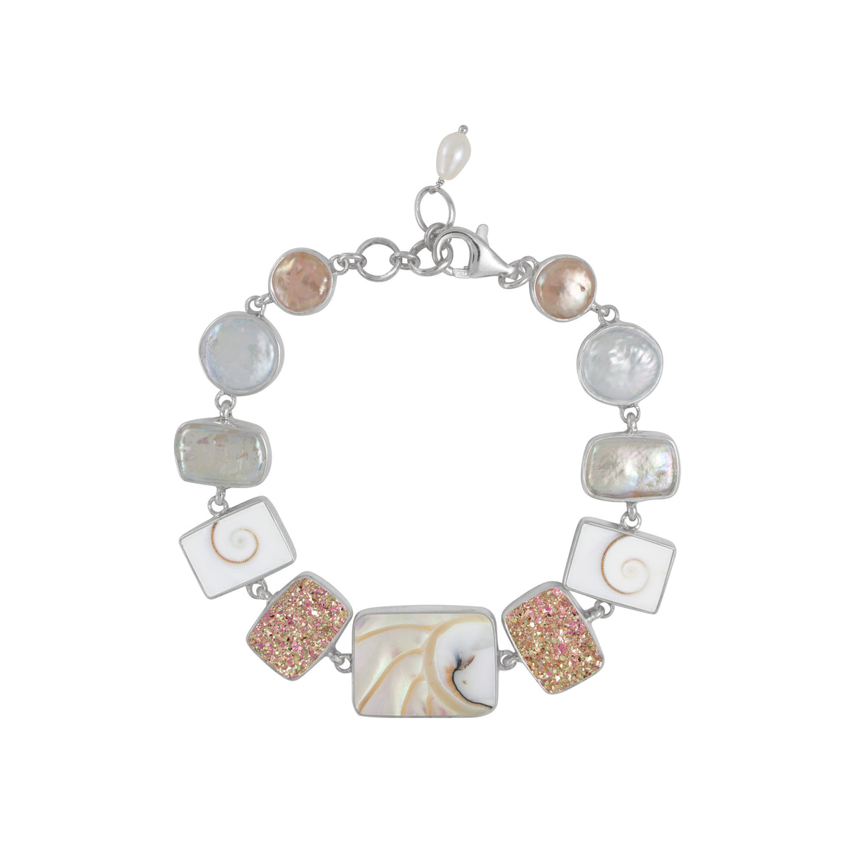 Sterling Silver Bracelet With Shell Spiral, Druzy Strawberry MochaRecktangle, Pearls