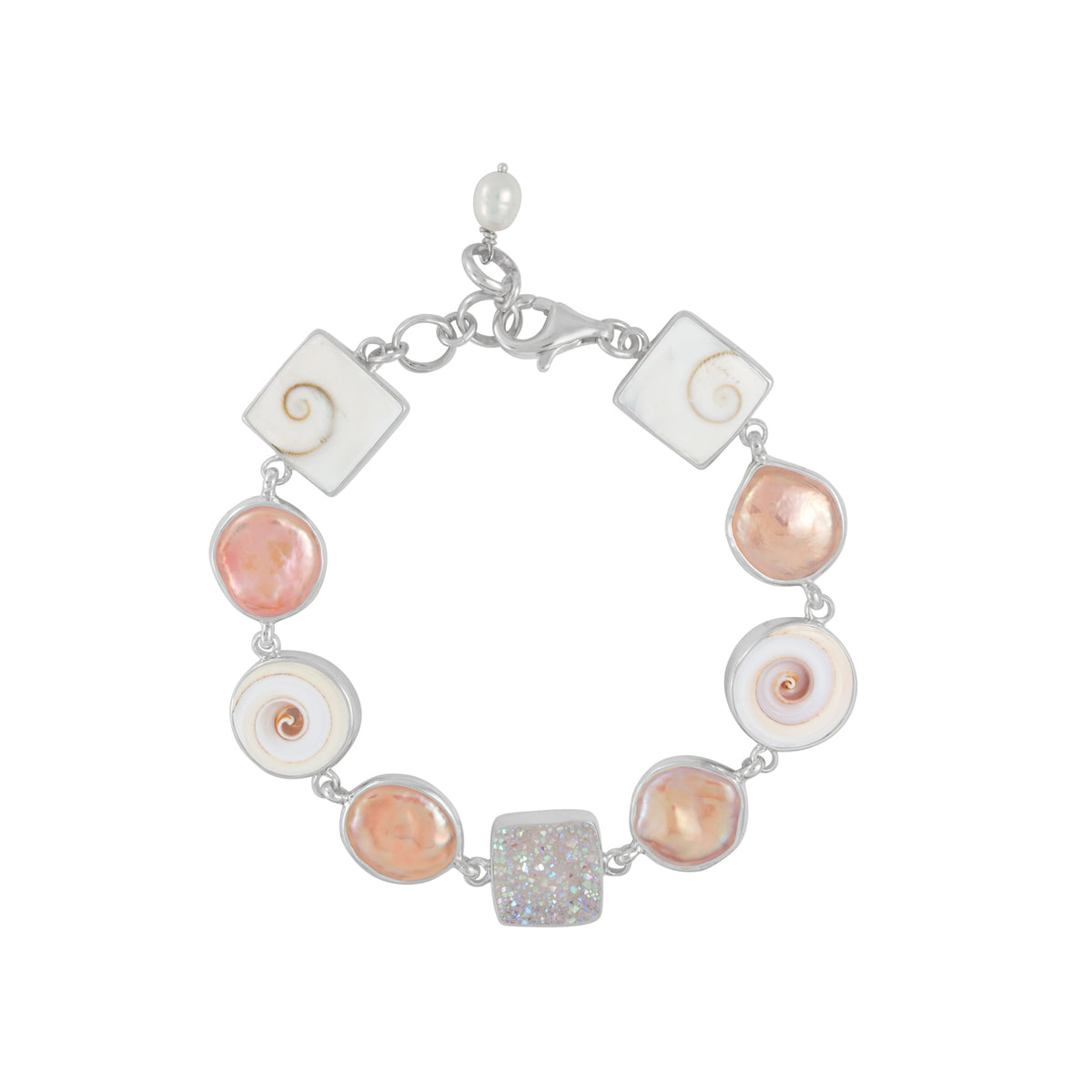 Sterling Silver Bracelet With Pearl, Druzy Opal Square, Shell Spiral