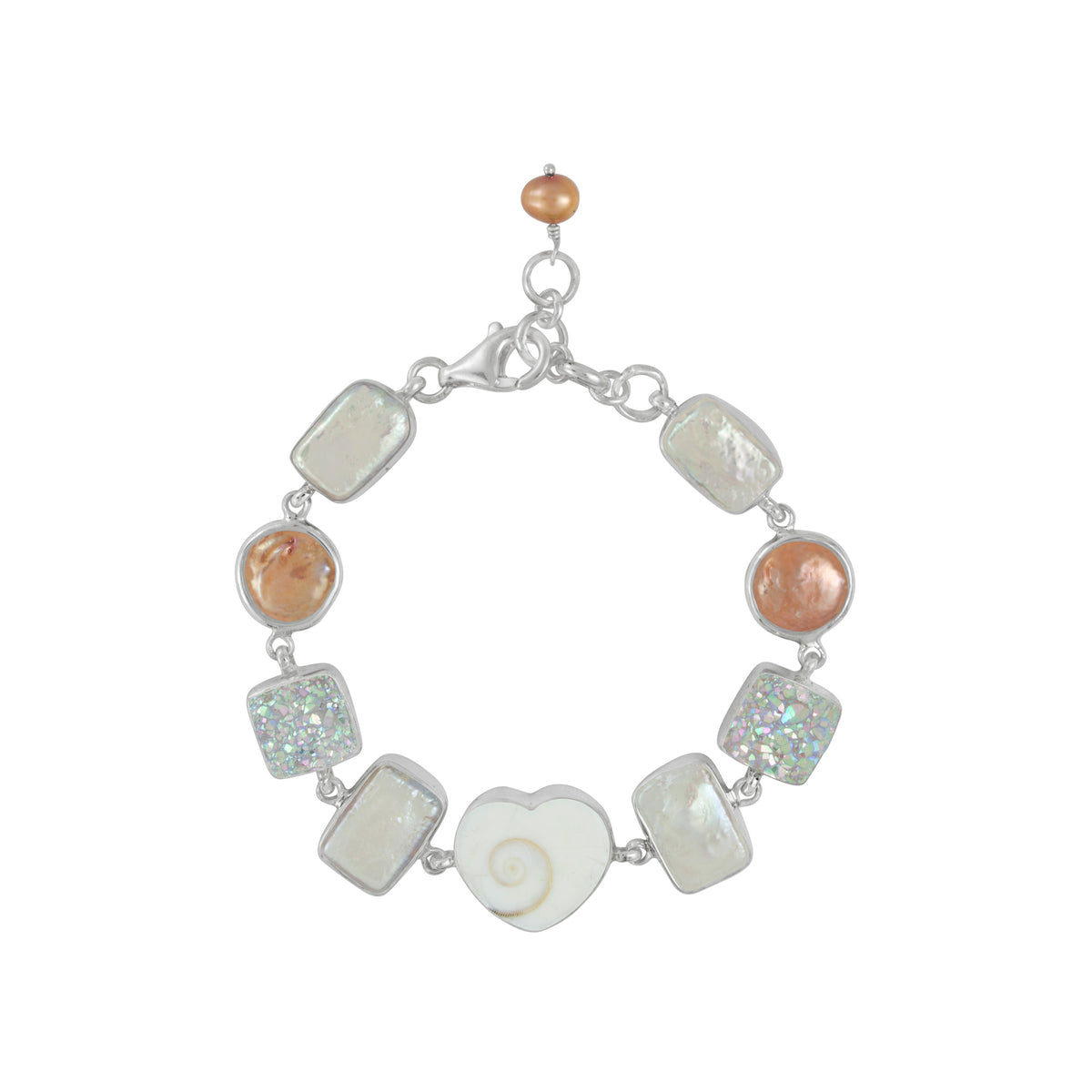 Sterling Silver Bracelet With Pearl Coin Copper, Shell Spiral, Pearl Bronze, Druzy Opal Square