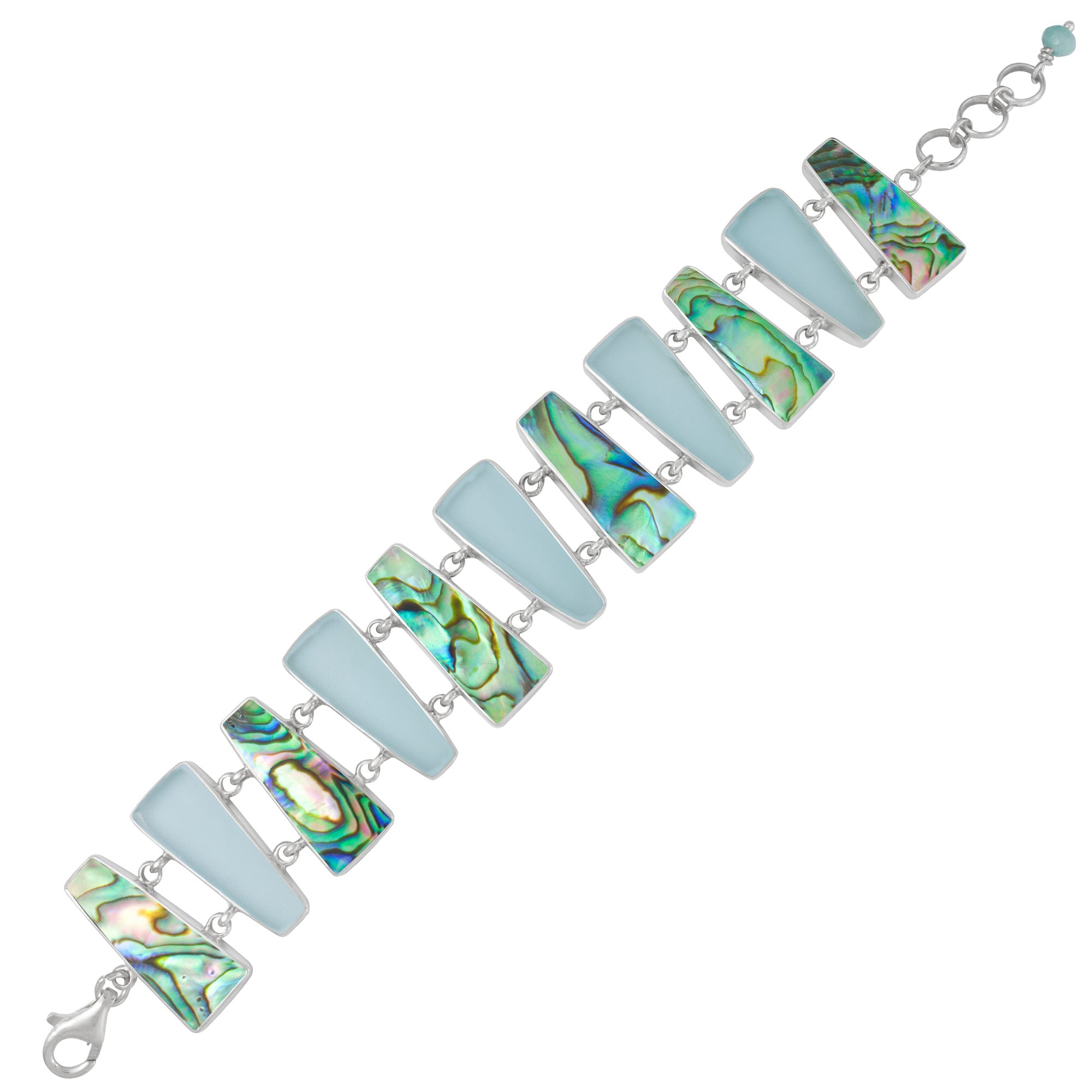 Sterling Silver Bracelet With Shell Paua And Seaglass Aqua