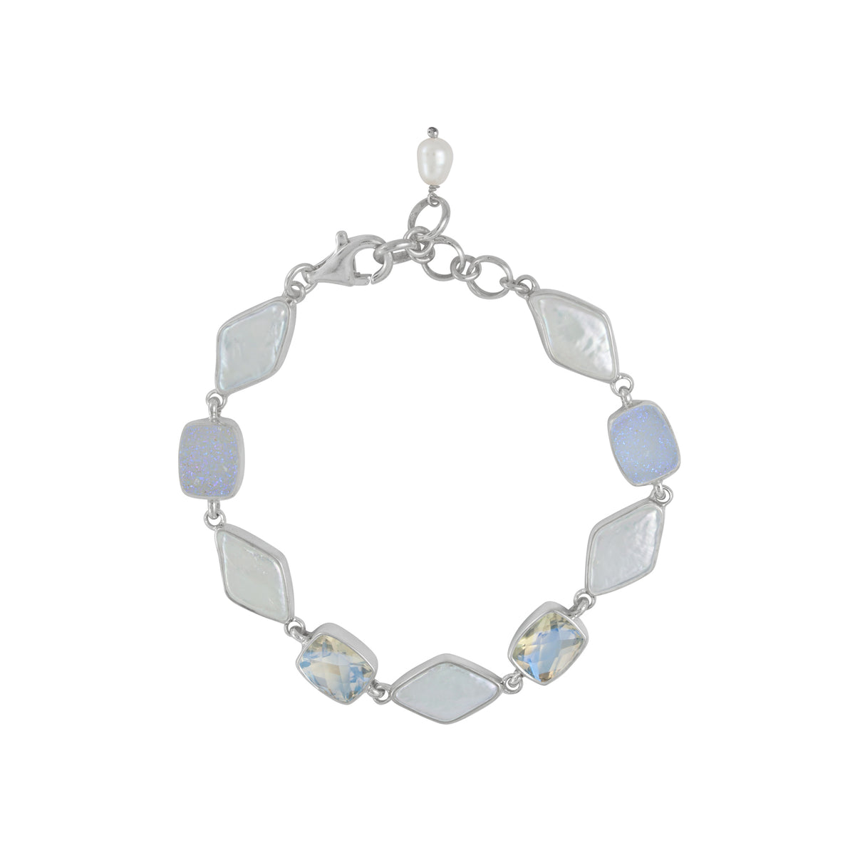 Sterling Silver Bracelet With Pearl, Rainbowmoon Stone Rectangle, Druzy Opal