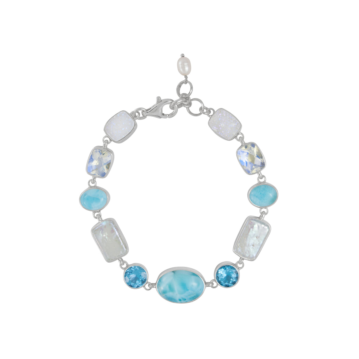 Sterling Silver Bracelet With Larimar Oval, Blue Topaz Round Facet, Pearl