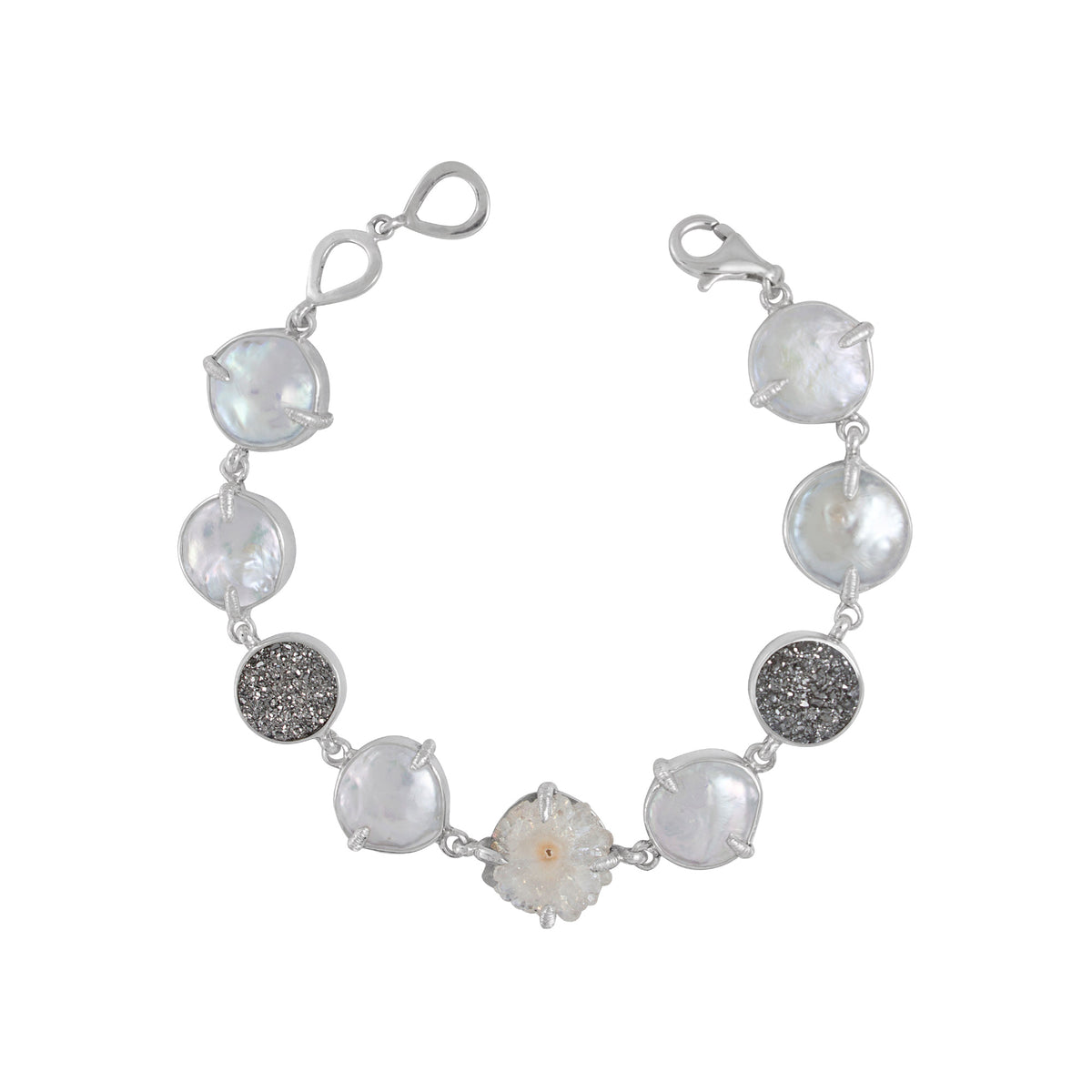 Sterling Silver Bracelet With Druzy Opal Geoge, Druzy Silver Round, Pearl