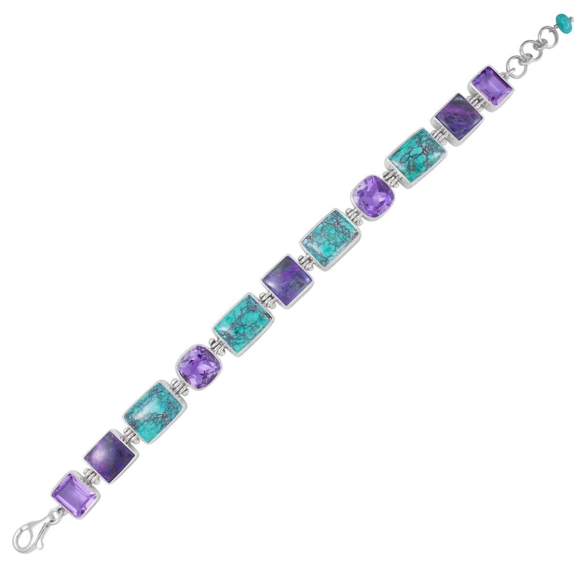 Sterling Silver Bracelet With Turquoise Rectangle, Sugilate Square, Amethyst Square