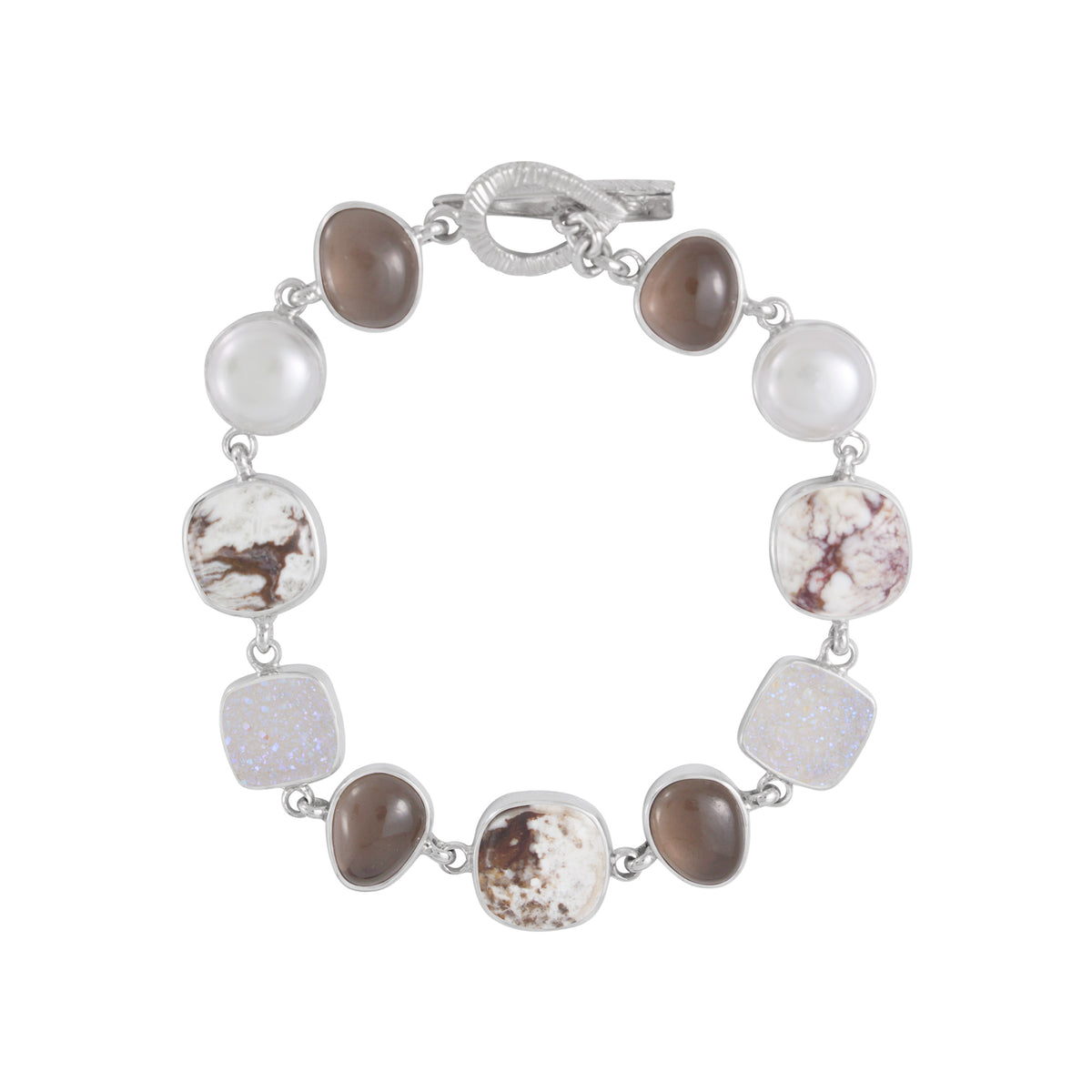 Sterling Silver Bracelet With Iron Stone Square, Druzy Opal Square, Smokey Free Forn Cab, Pearl