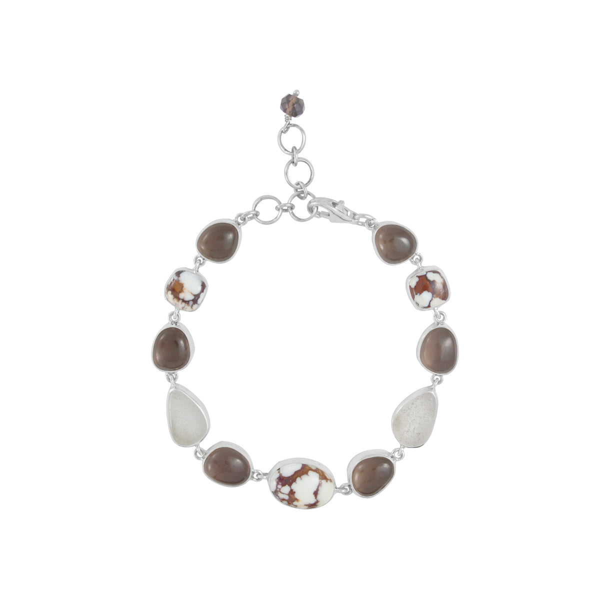 Sterling Silver Bracelet With Iron Stone Square &amp; Oval, Sea Glass White, Smokey Free Form