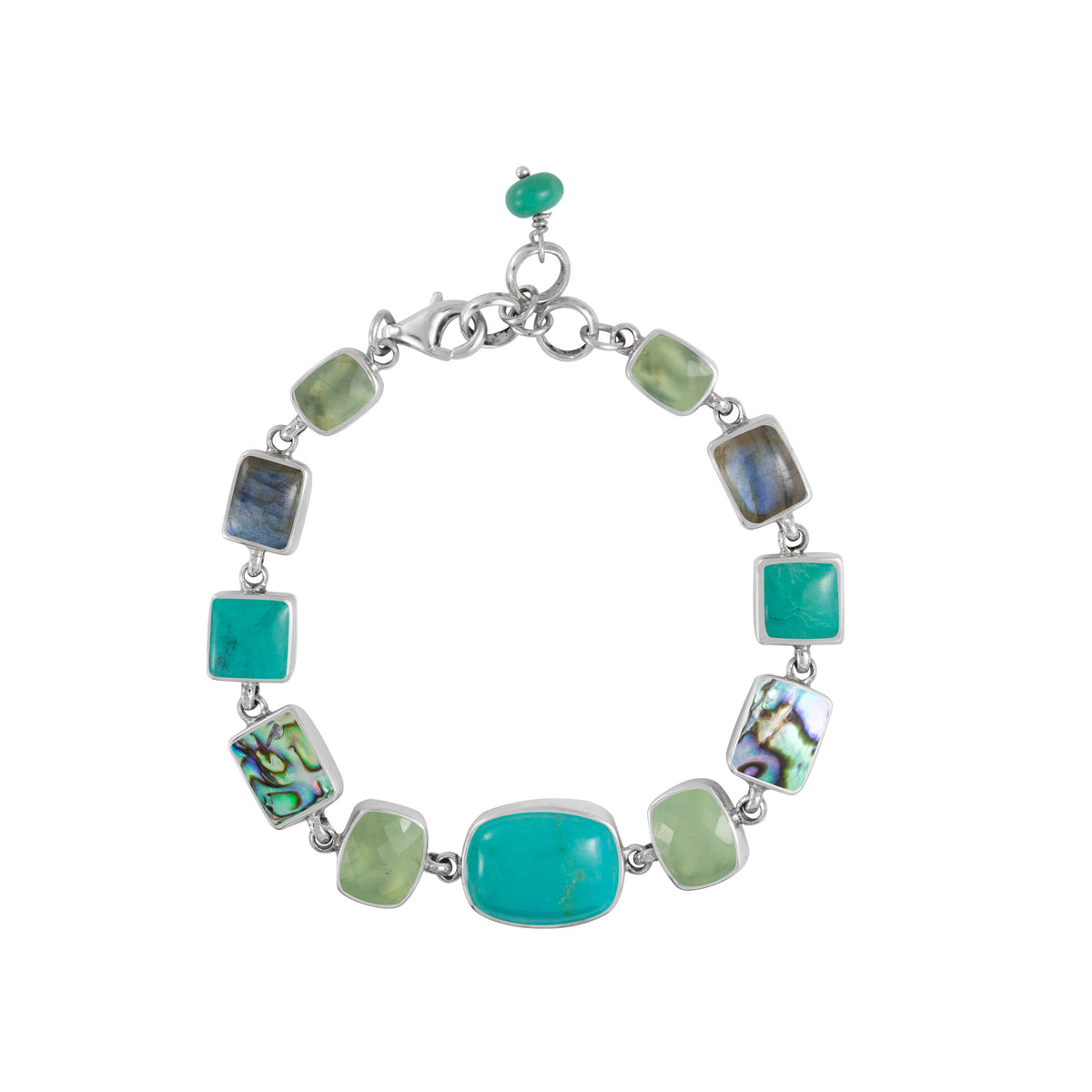 Sterling Silver Bracelet With Turquoise &amp; Praynite Rectangle Cushion, Paua And Labradorite