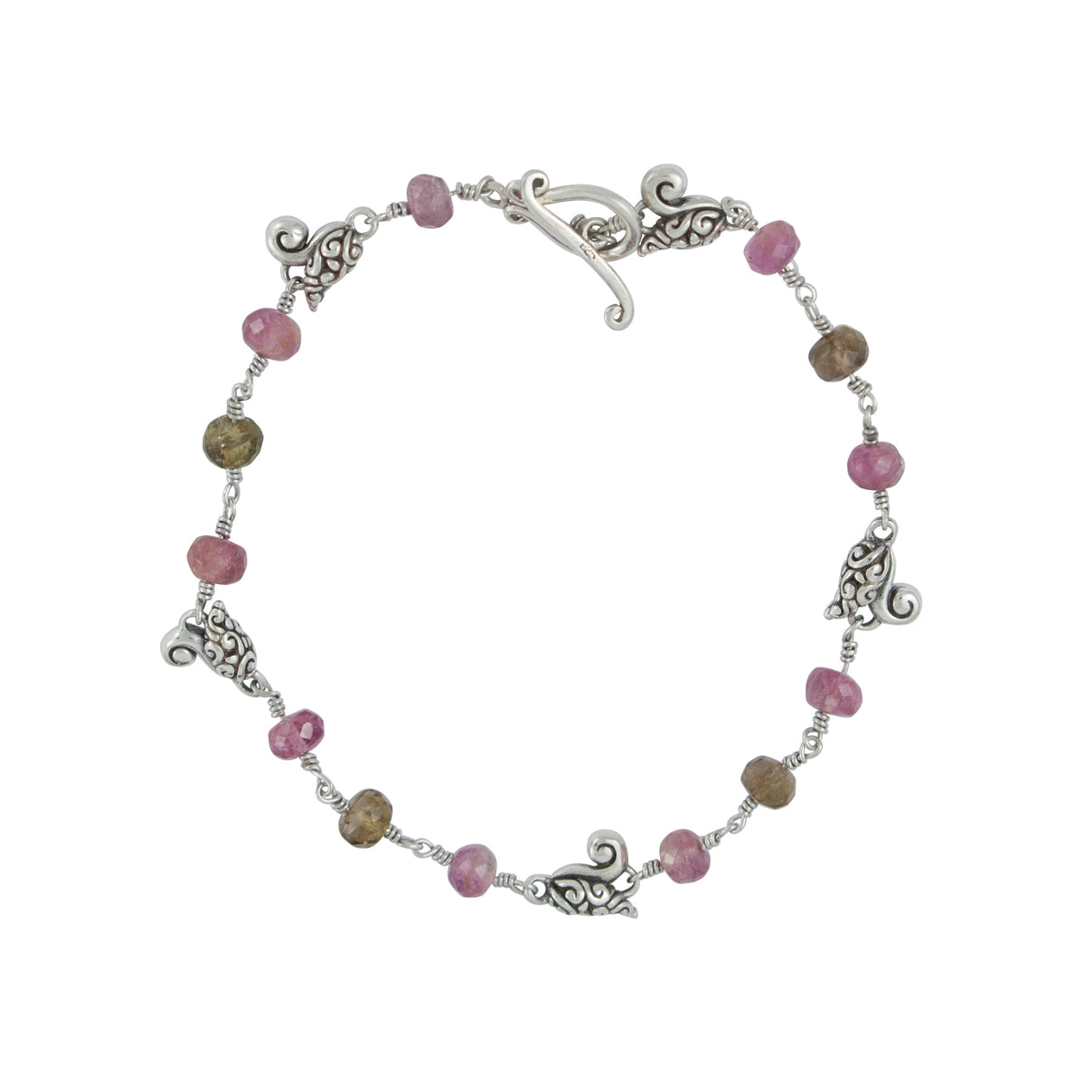 Sterling Silver Branch Carved Coll Bracelet With Sepal Flower Com/ Bead