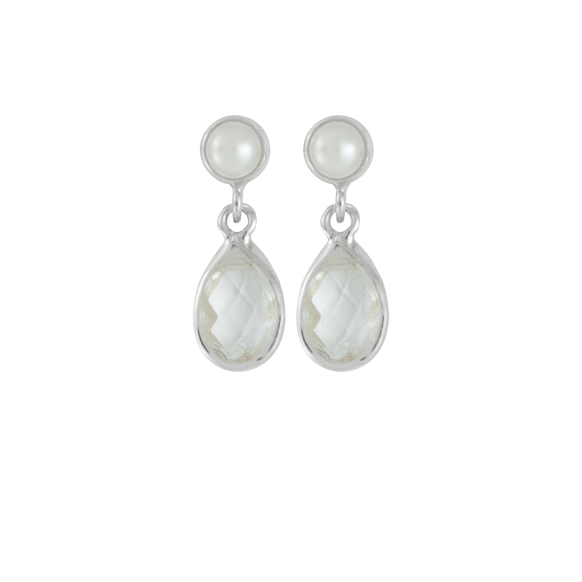Sterling Silver Earring With Round Pearl, White Topas Pear Drop