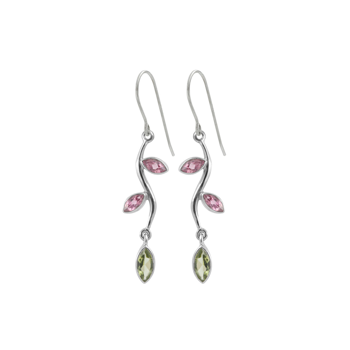 Sterling Silver Earring With Pink Tourmaline Marquoise Facet, Peridot Marquoise Facet