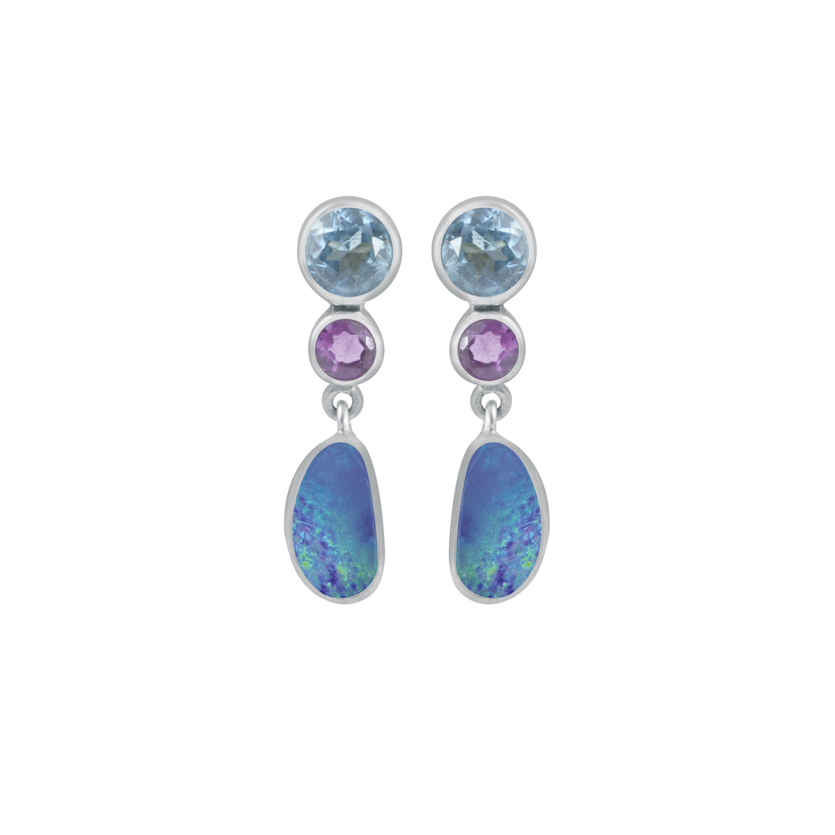 Sterling Silver Earring Stud With 2Round Stone, Opal Free Form Drop