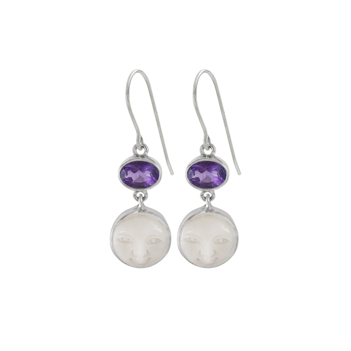 Sterling Silver Earring With Amethyst Oval, Bone Face Drop