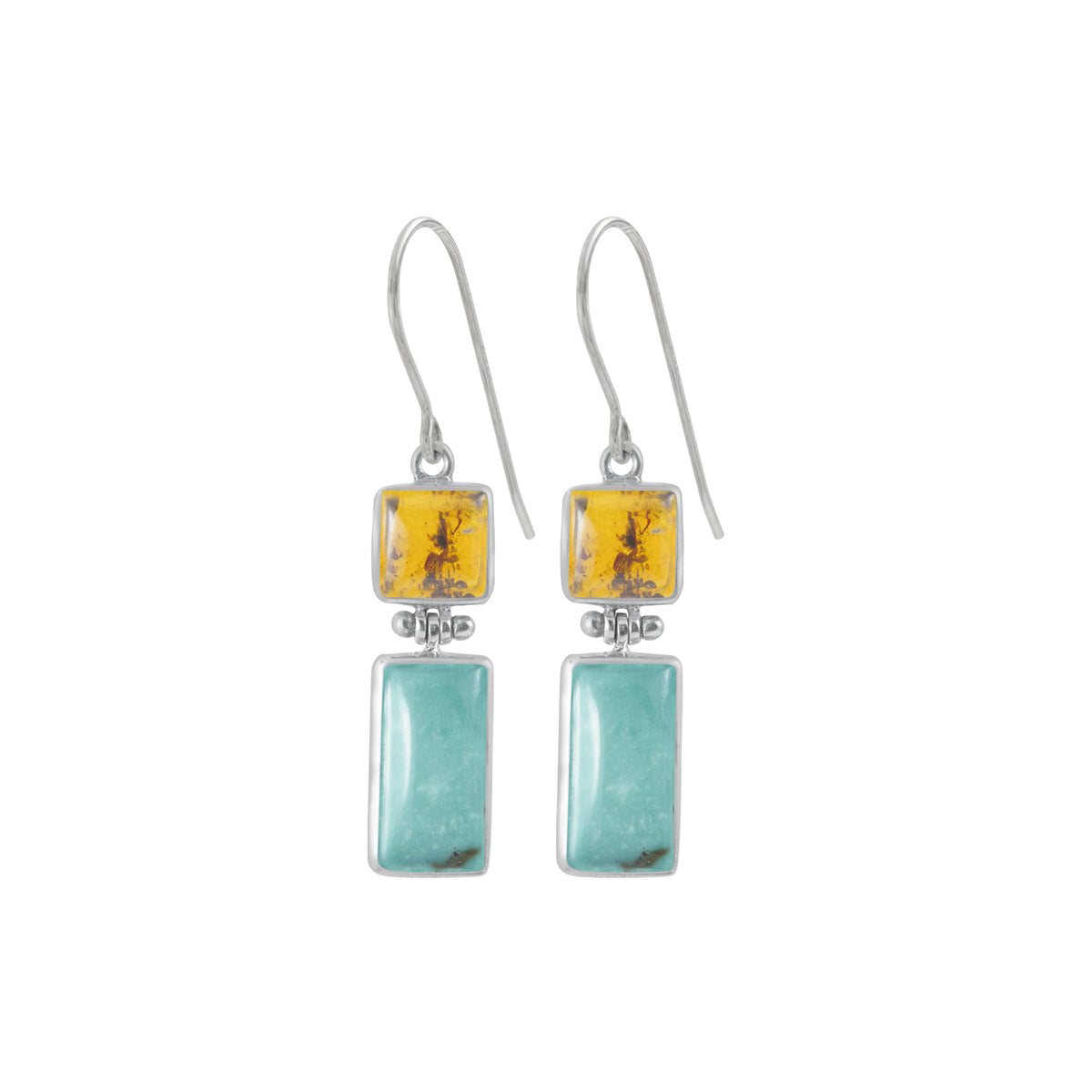 Sterling Silver Earring With Ambaer Square, Turquoise Rectangle Stone