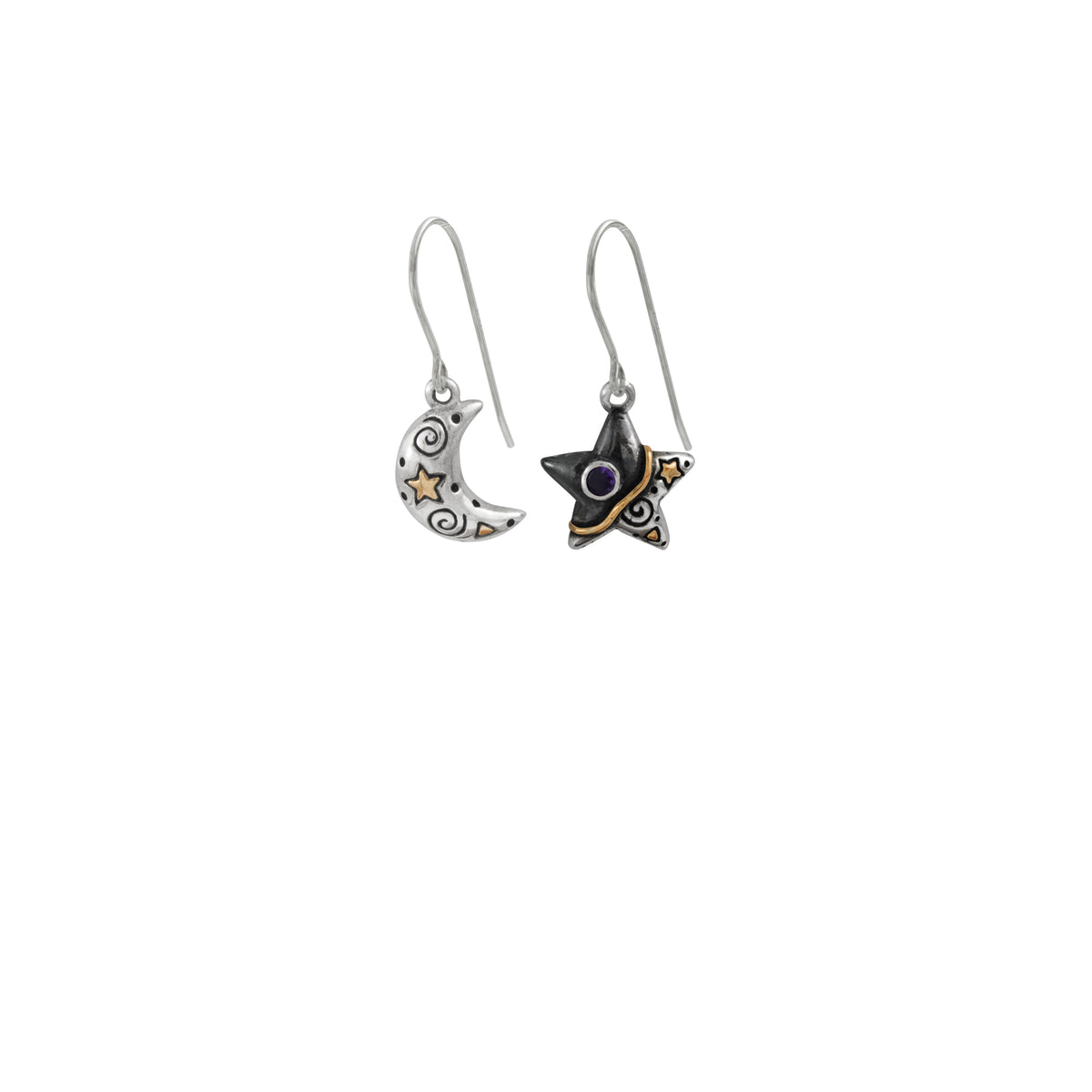 Sterling Silver Earring With Gallaxy Star Moon Component, Amethyst Round