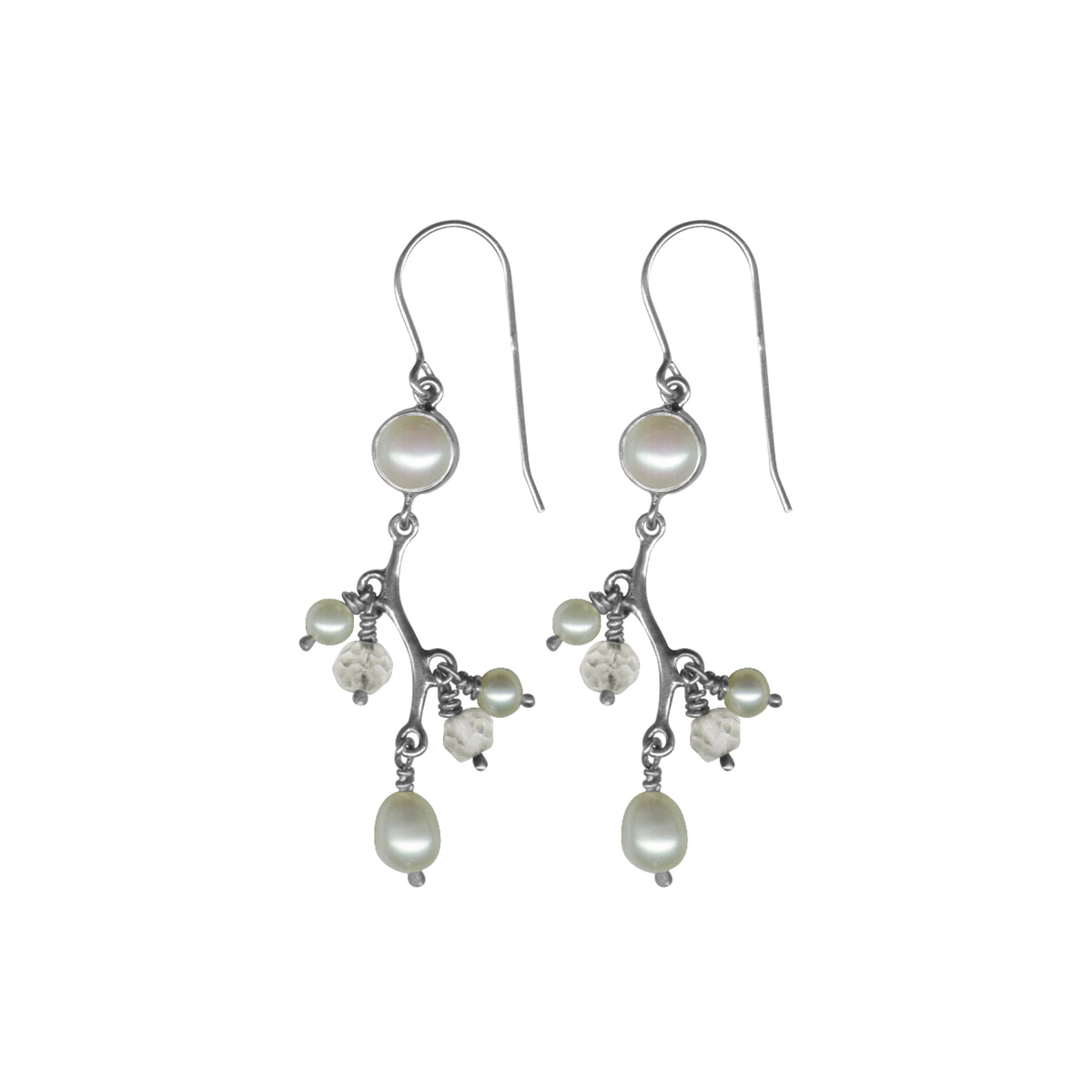 Sterling Silver Earring With Pearl Branch Leaf &amp; Beads