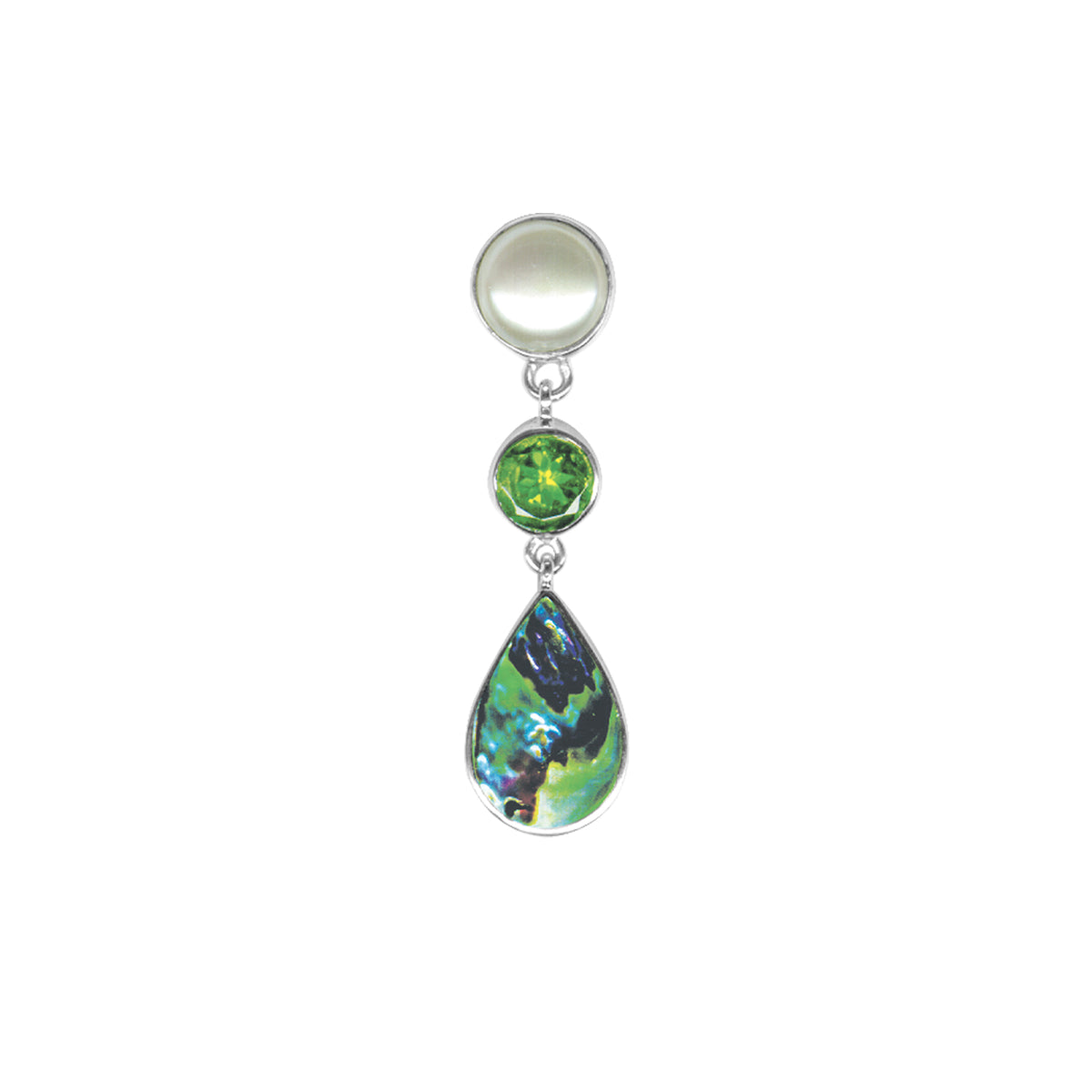 Sterling Silver Earring Stud With Pearl, Peridot Round, Paua Pear Drop